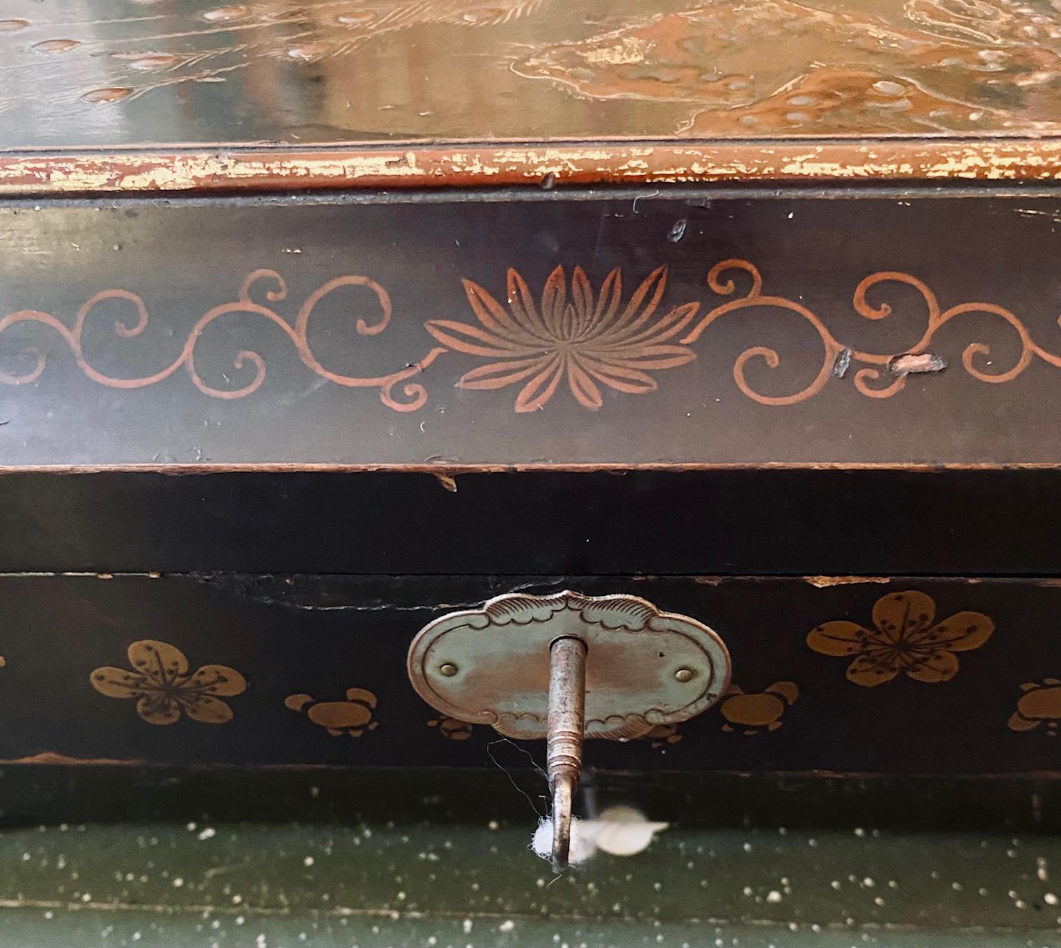 Antique Chinoiserie Papier Mache Box, circa 1920, a rectangular jewelry or work box with hinged pagoda lid, decorated with an embossed phoenix and cherry blossom design, revealing a fitted interior with lift-out compartment-ed tray.

The box remains
