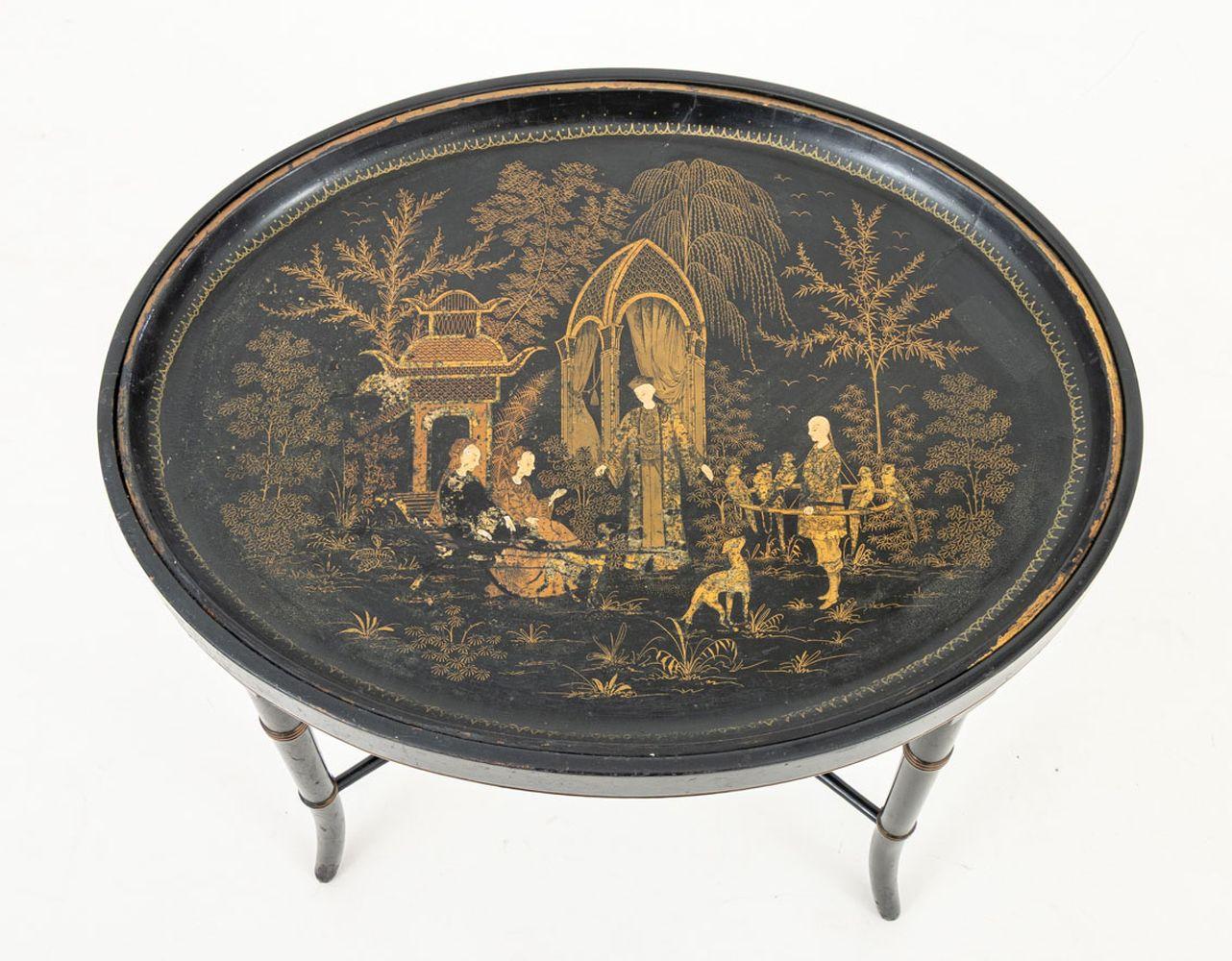 British Chinoiserie Papier Mache Oval Tray Table For Sale
