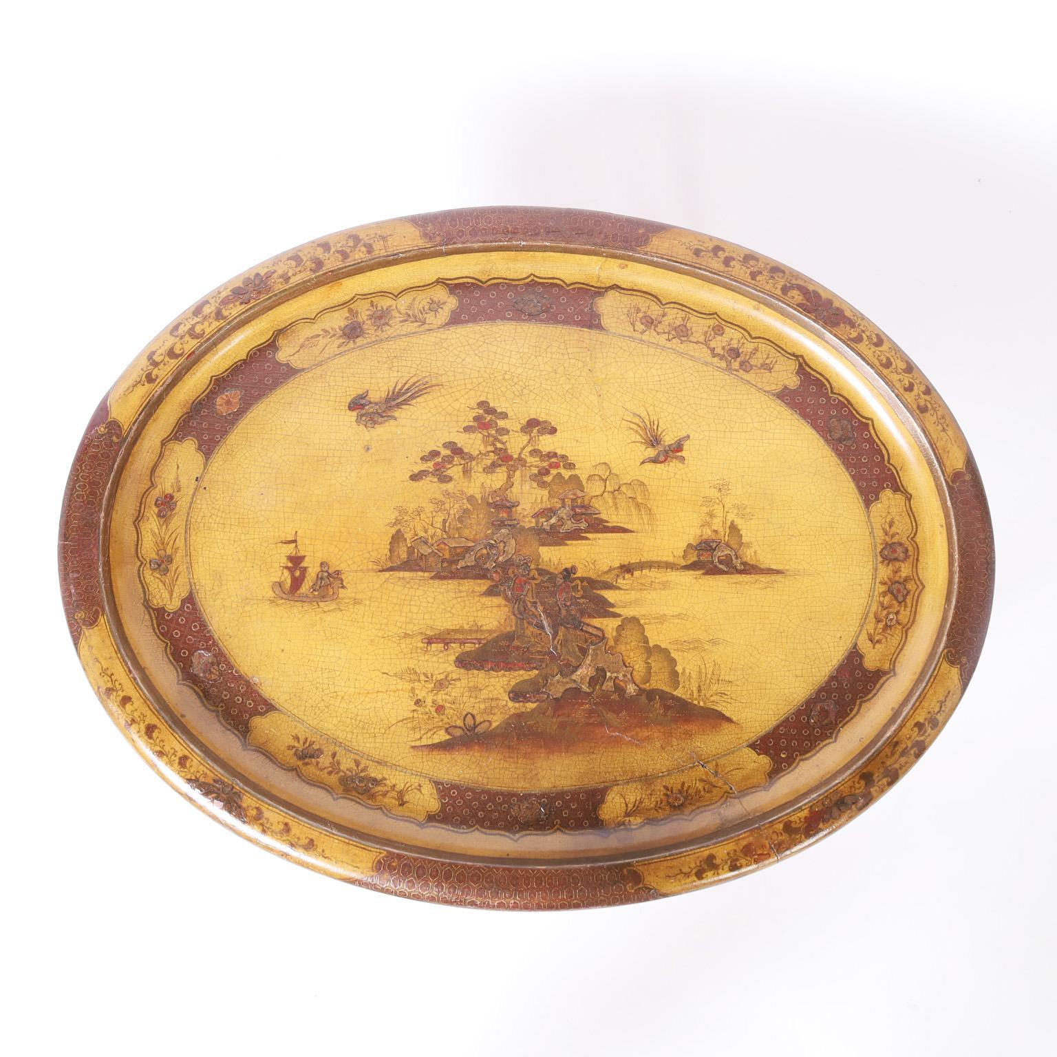 Chinoiserie Papier-Mâché Tray and Faux Bamboo Stand In Good Condition For Sale In Palm Beach, FL