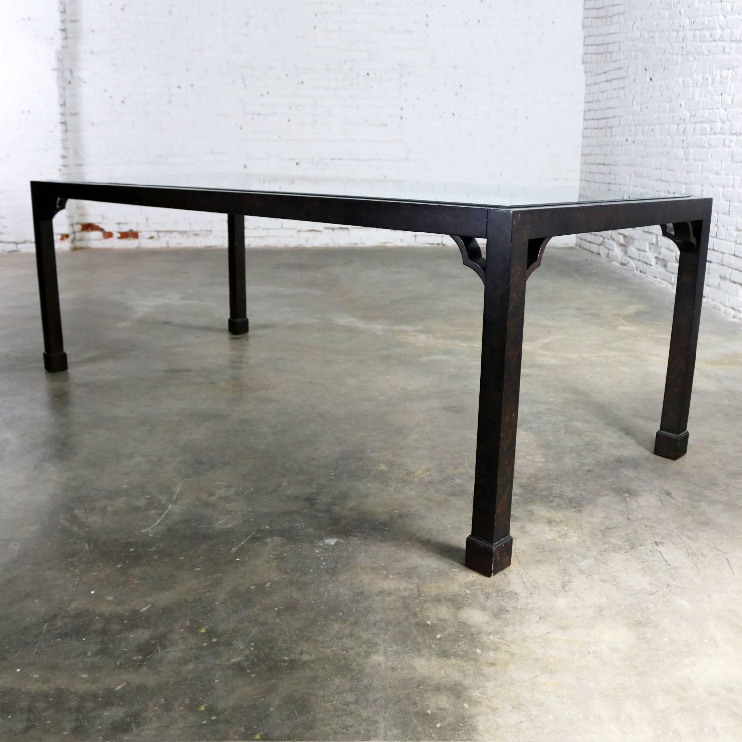 20th Century Chinoiserie Parsons Style Dining Table Faux Tortoise Shell Oil Drop Finish Glass