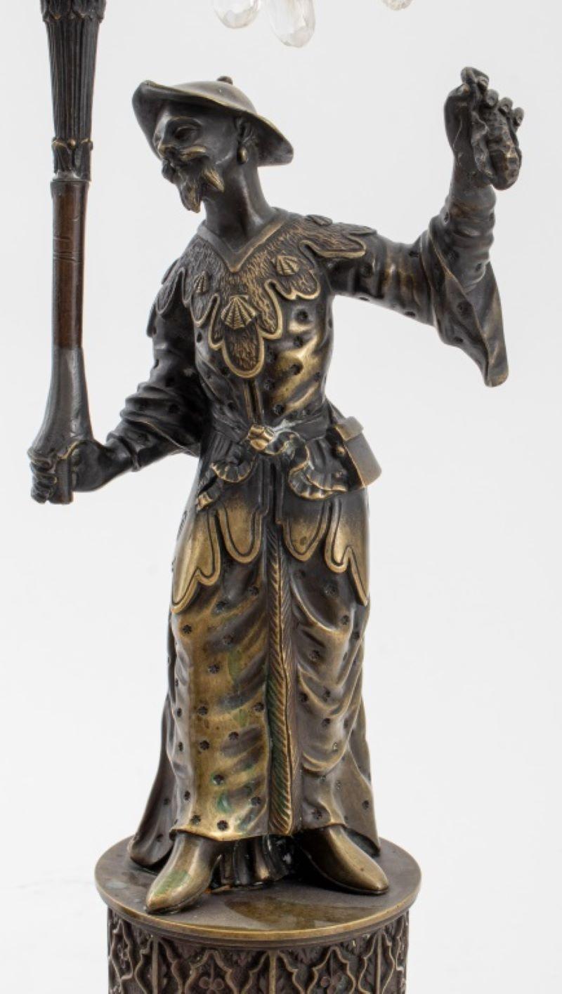 Chinoiserie Patinated Brass Figural Candelabra, 2 In Good Condition For Sale In New York, NY