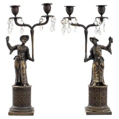 Vintage Chinoiserie Patinated Brass Figural Candelabra, 2