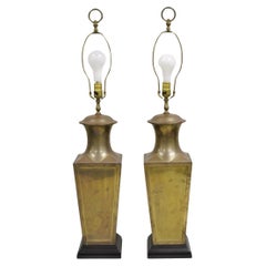 Chinoiserie Patinated Brass Square Jardiniere Table Lamp by Wildwood - a Pair