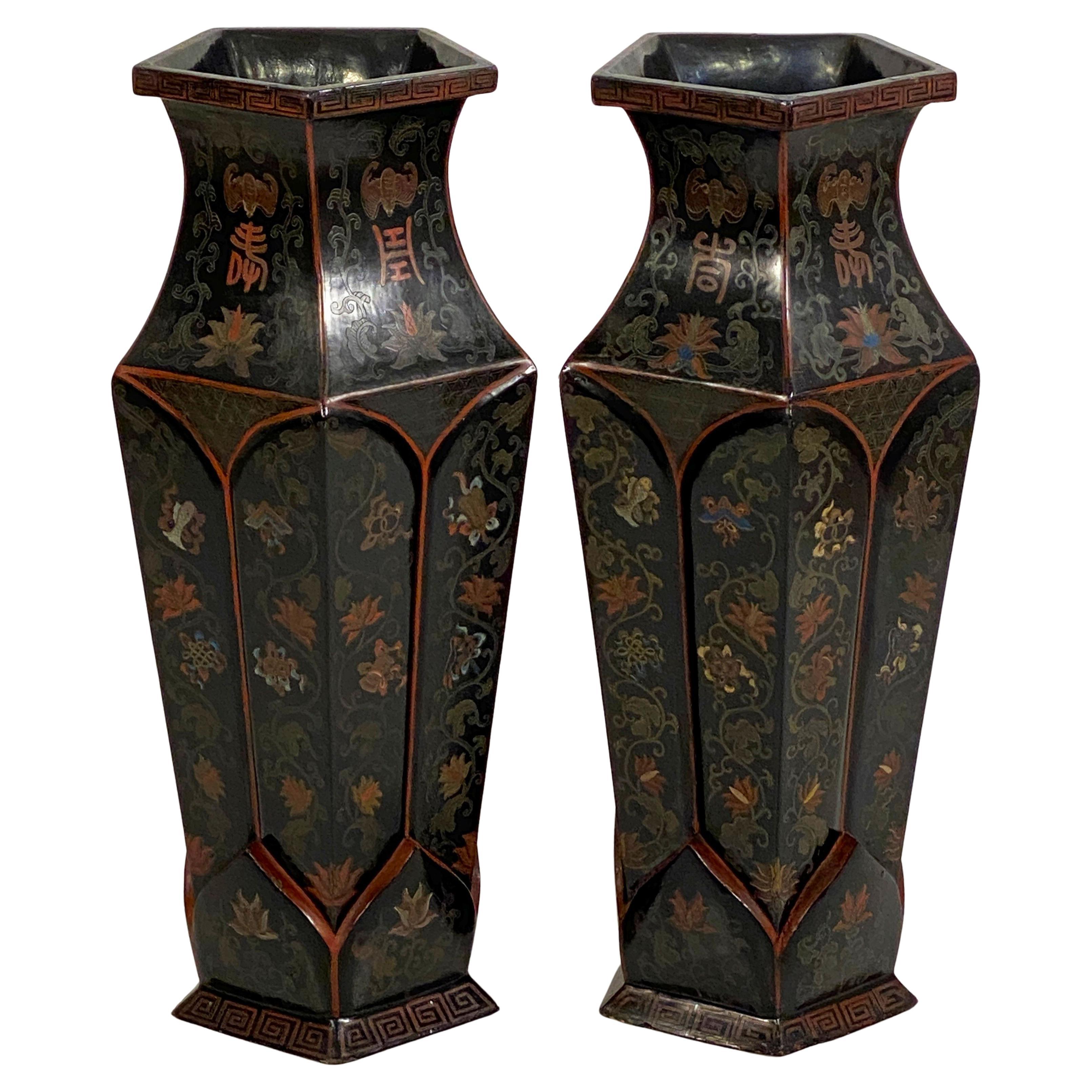 Chinoiserie Pentagonal Vases of Lacquered Papier-Mâché - Individually Priced