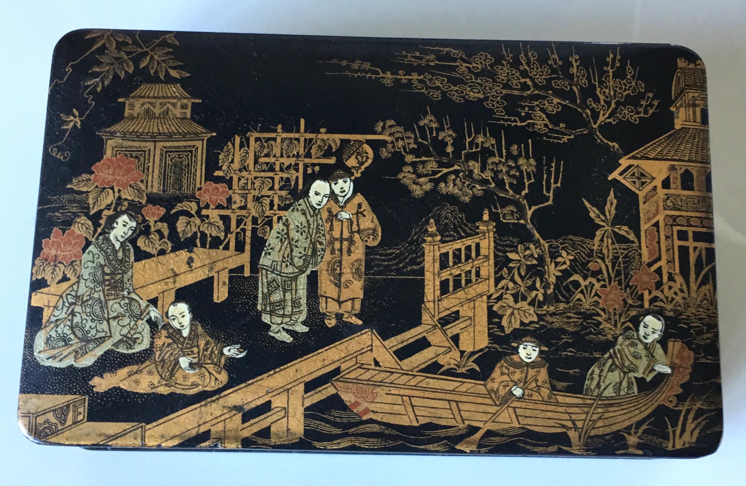 Early 20th century black papier-mâché chinoiserie box with hand-painted polychrome and gilt detailing. No makers mark.