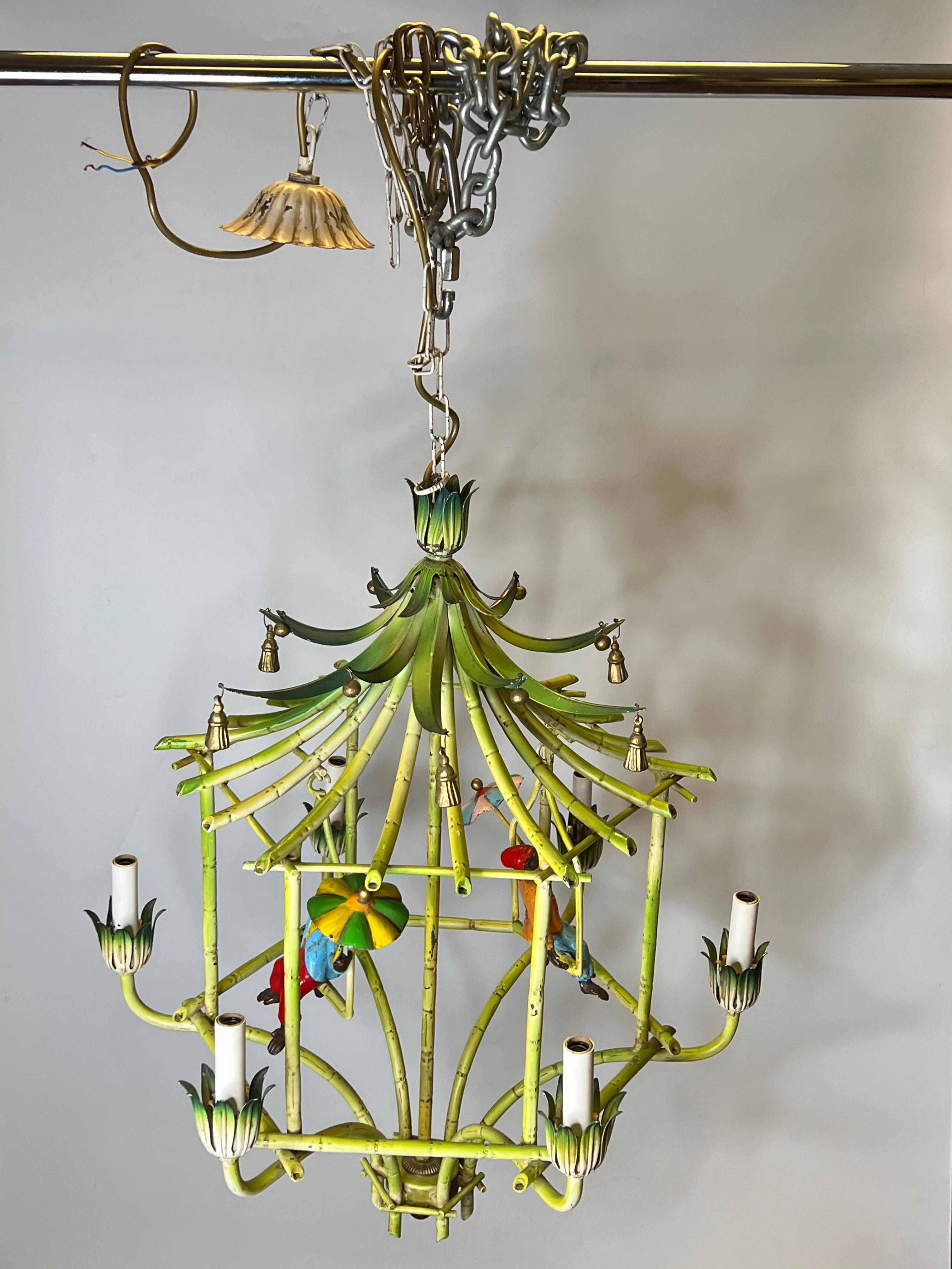 Chinoiserie Polychrome Painted Tole Metal Chandelier with Figural Monkeys 11