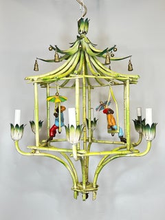 Chinoiserie Polychrome Painted Tole Metal Chandelier with Figural Monkeys