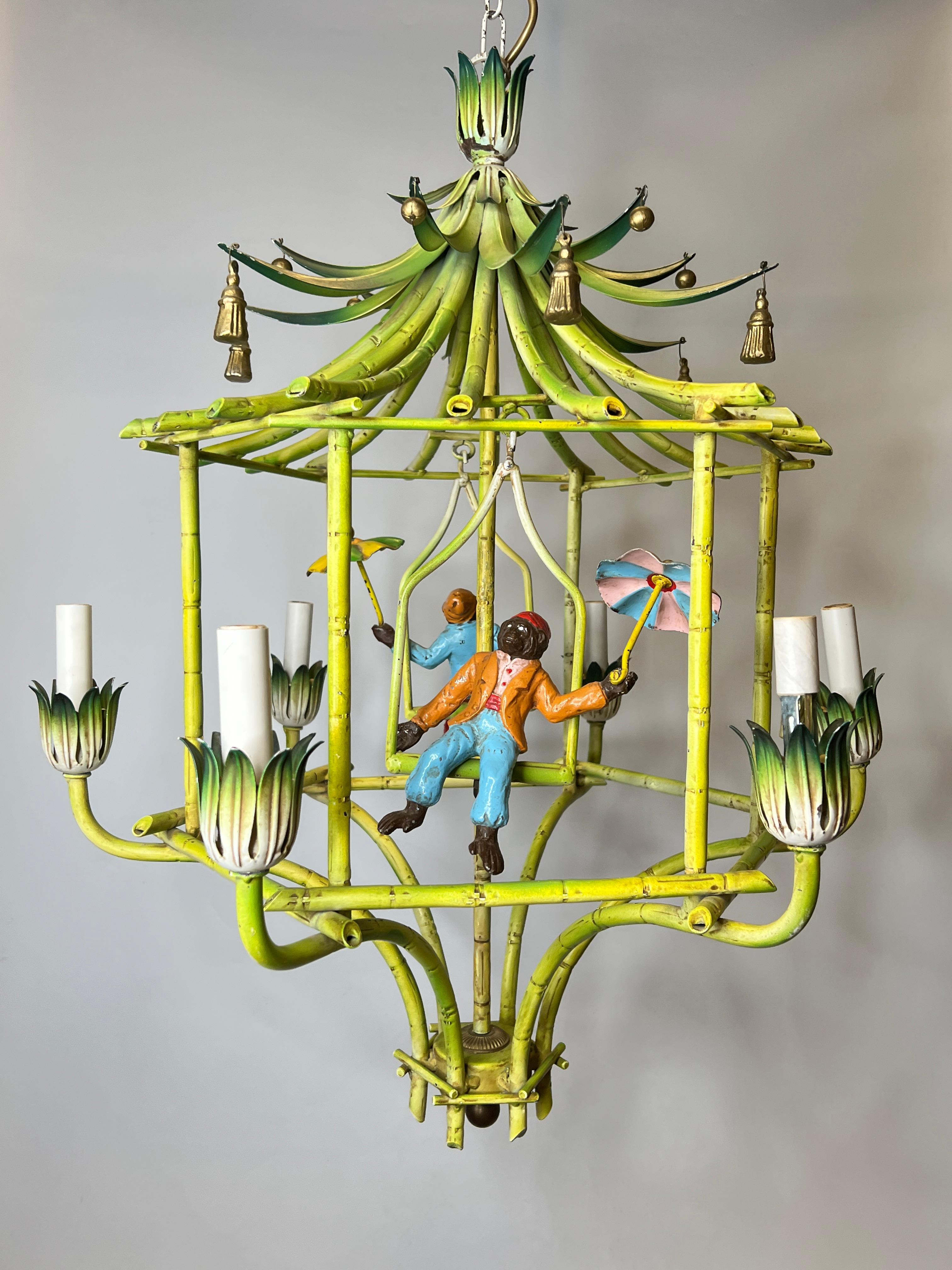 Chinoiserie Polychrome Painted Tole Metal Chandelier with Figural Monkeys In Good Condition In New York, NY