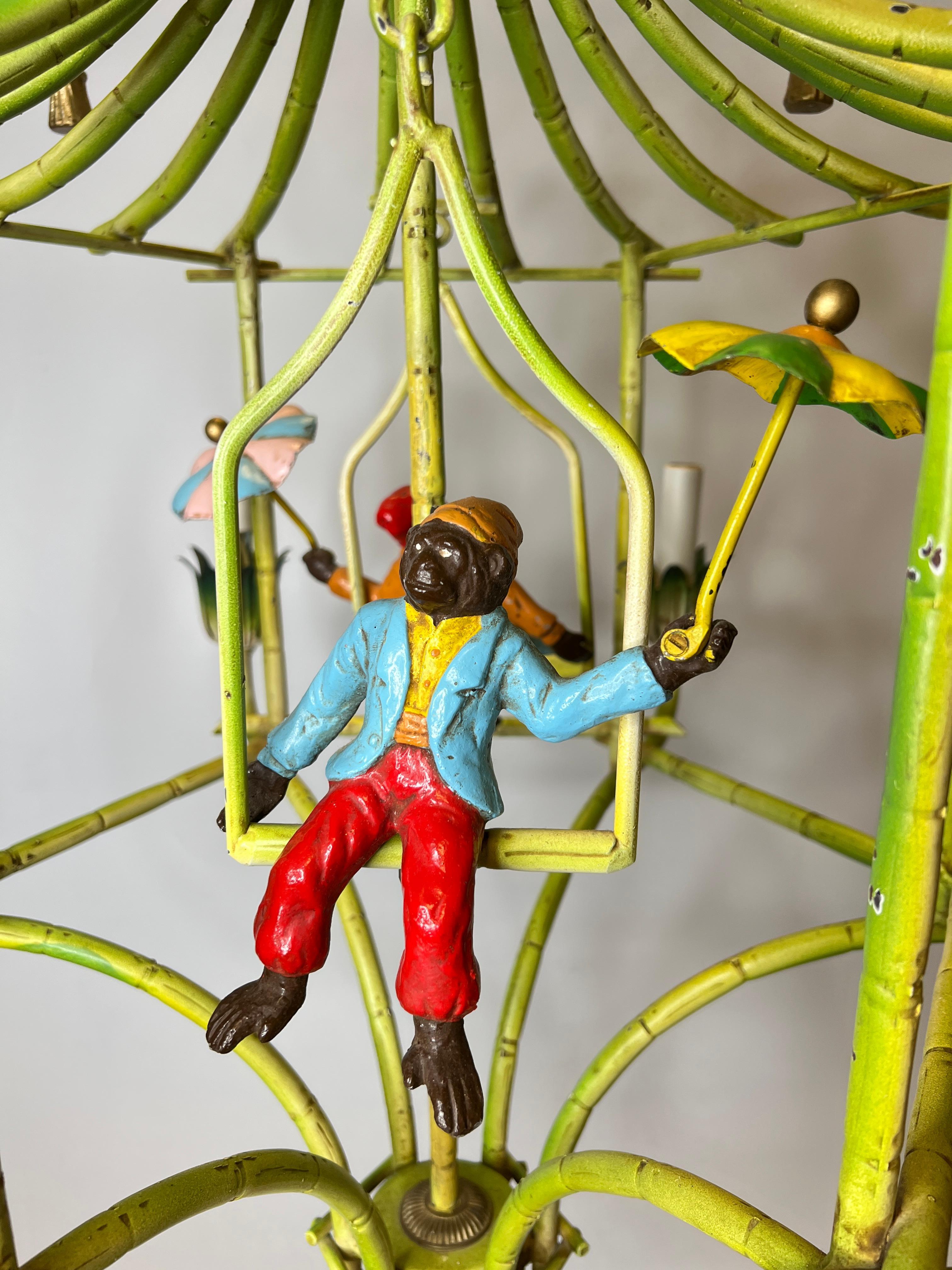 Mid-20th Century Chinoiserie Polychrome Painted Tole Metal Chandelier with Figural Monkeys