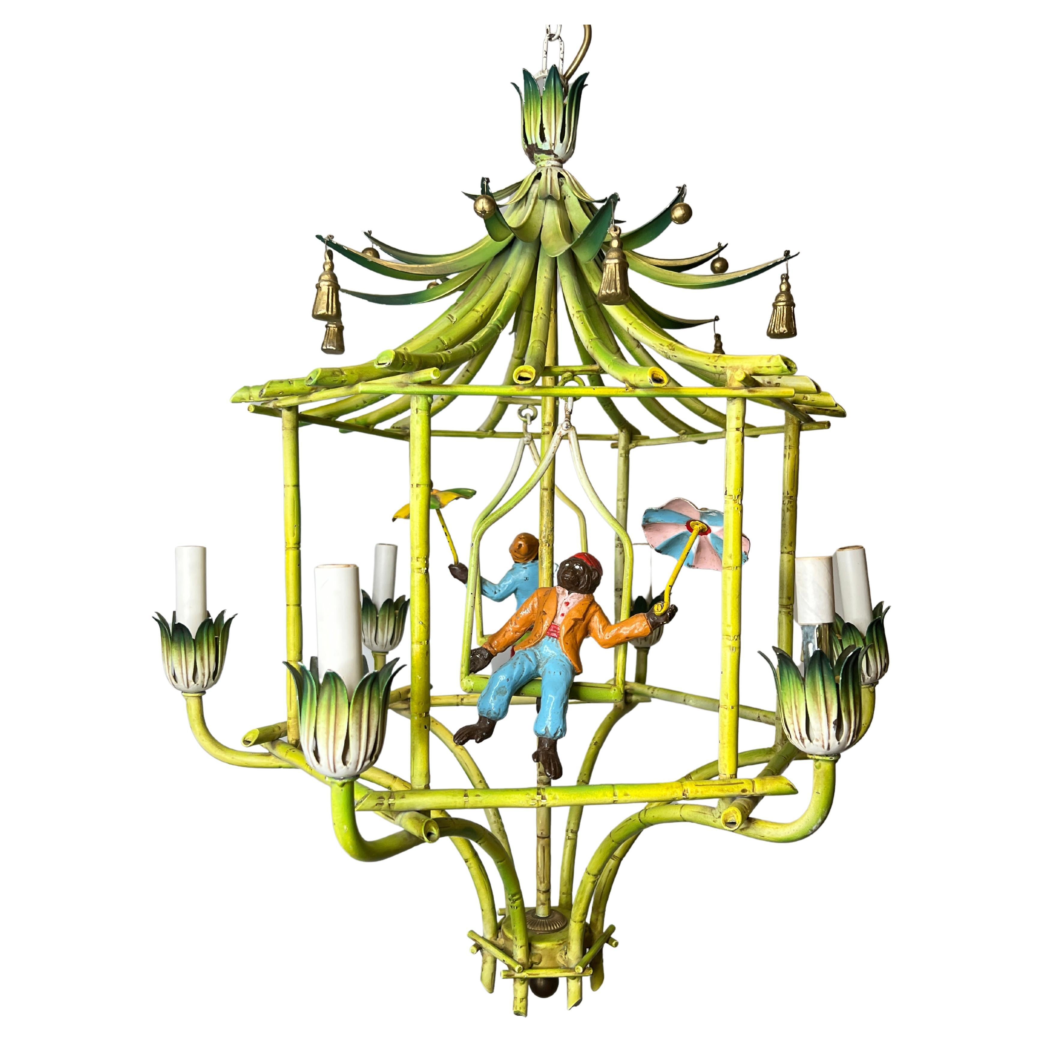 Chinoiserie Polychrome Painted Tole Metal Chandelier with Figural Monkeys
