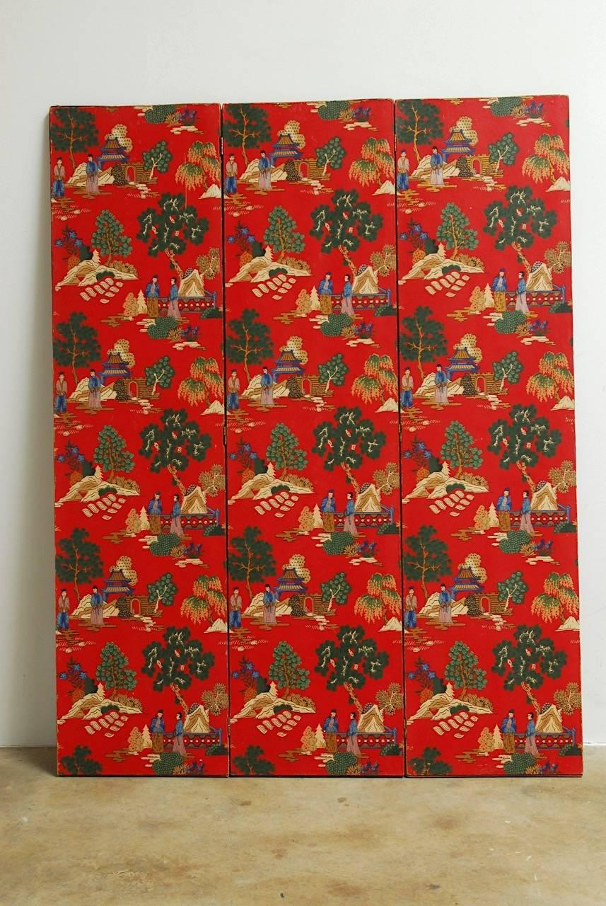 Chinoiserie Polychrome Wallpaper Three-Panel Pagoda Screen 2
