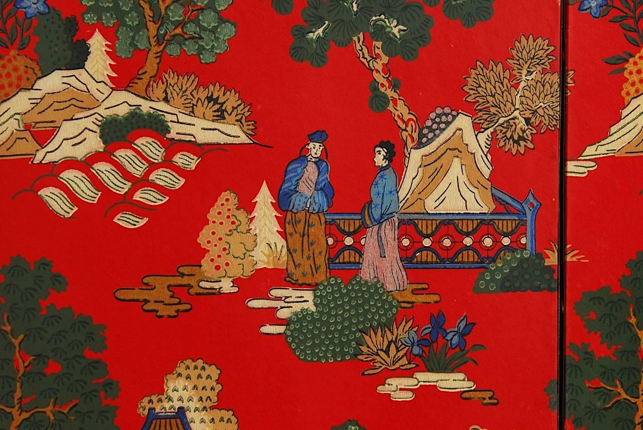 Chinese Export Chinoiserie Polychrome Wallpaper Three-Panel Pagoda Screen
