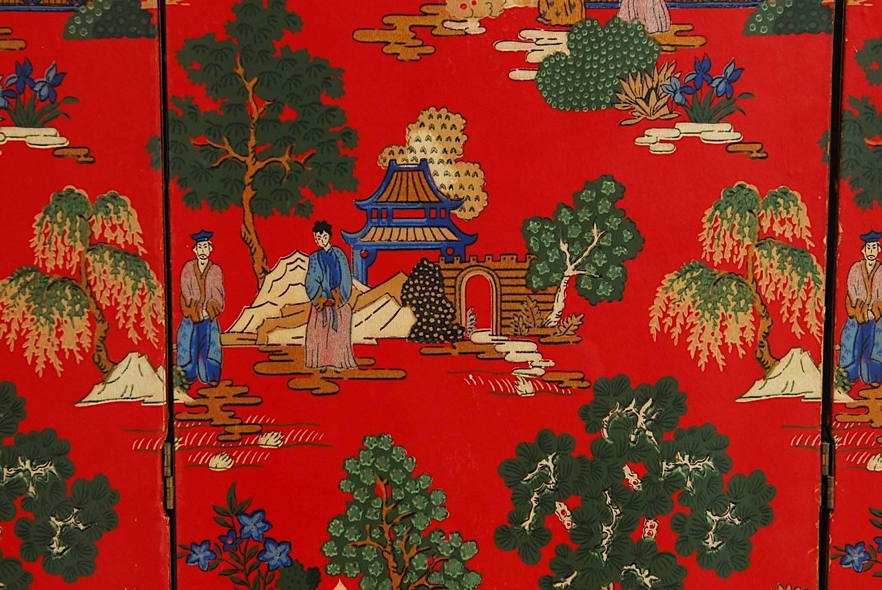 European Chinoiserie Polychrome Wallpaper Three-Panel Pagoda Screen