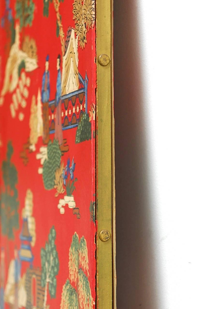20th Century Chinoiserie Polychrome Wallpaper Three-Panel Pagoda Screen