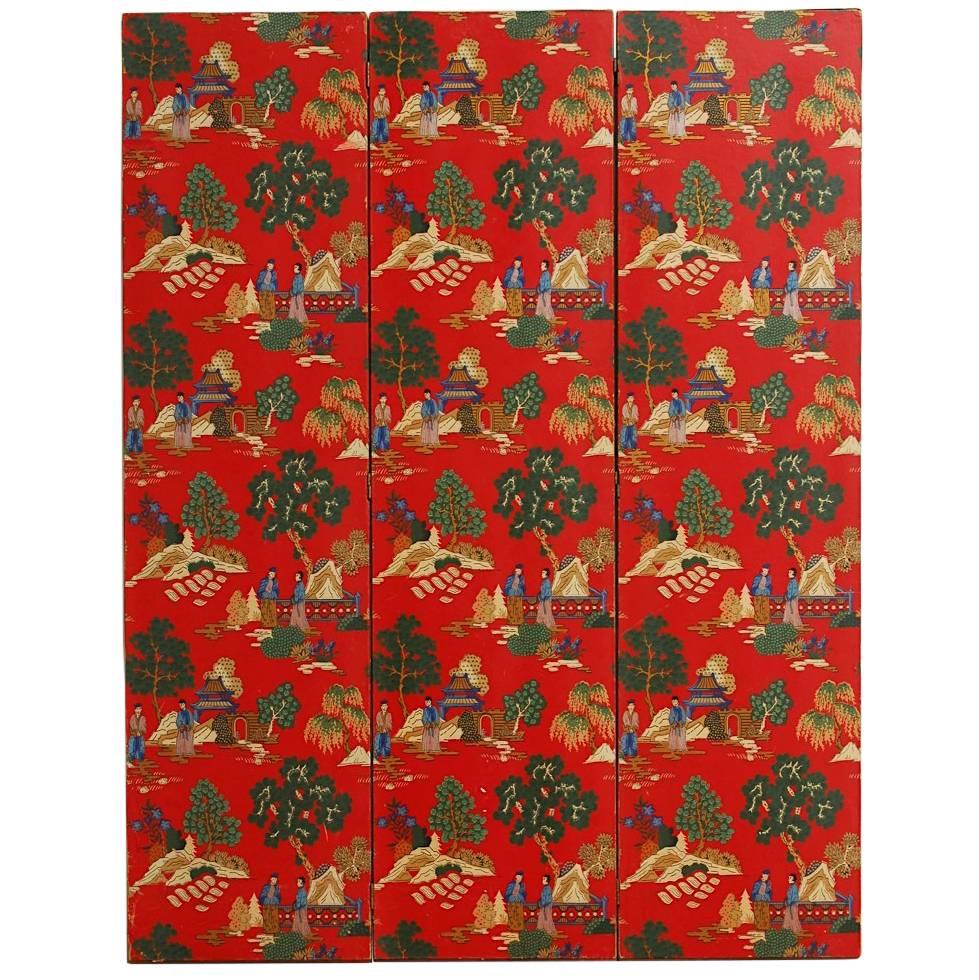 Chinoiserie Polychrome Wallpaper Three-Panel Pagoda Screen
