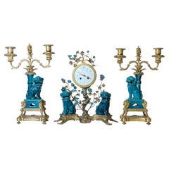 Chinoiserie Porcelain and Bronze Clock Garniture by Samuel Marti