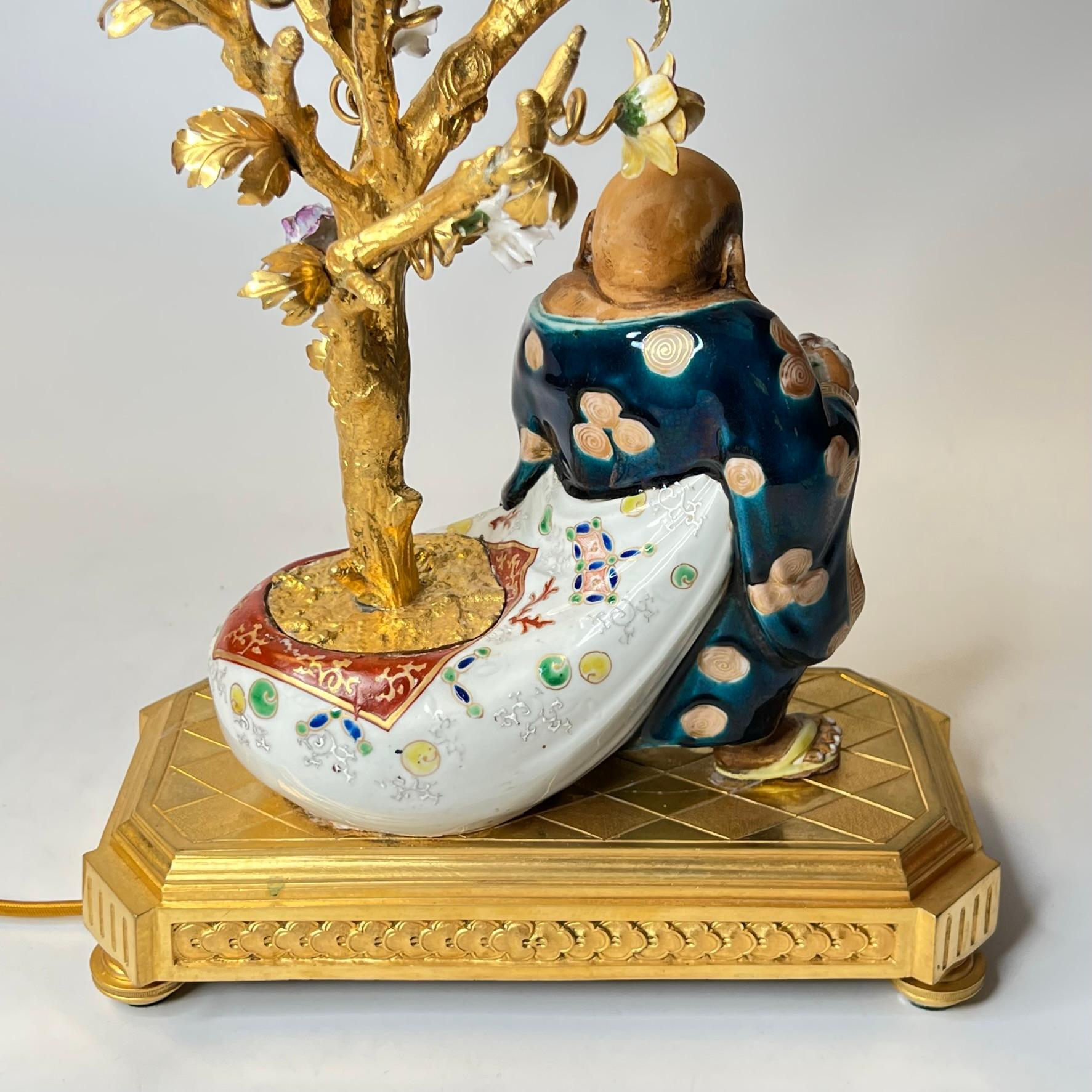 Chinoiserie Porcelain and Gilt Bronze Table Lamp Depicting Budai Laughing Buddha 2
