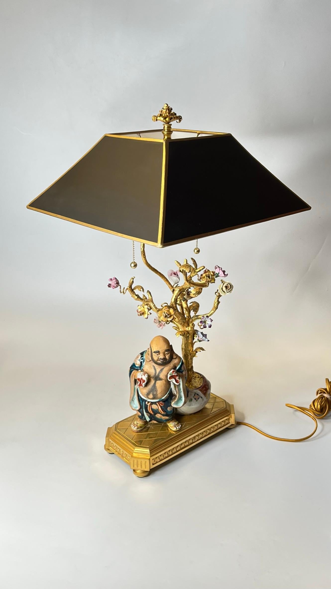 Chinoiserie Porcelain and Gilt Bronze Table Lamp Depicting Budai Laughing Buddha 4