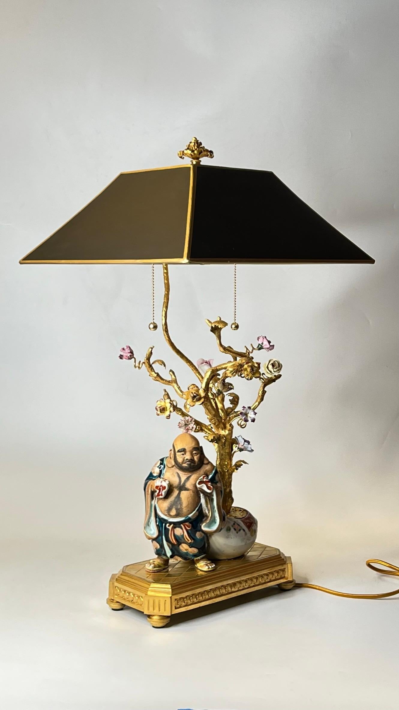 Chinoiserie Porcelain and Gilt Bronze Table Lamp Depicting Budai Laughing Buddha 5