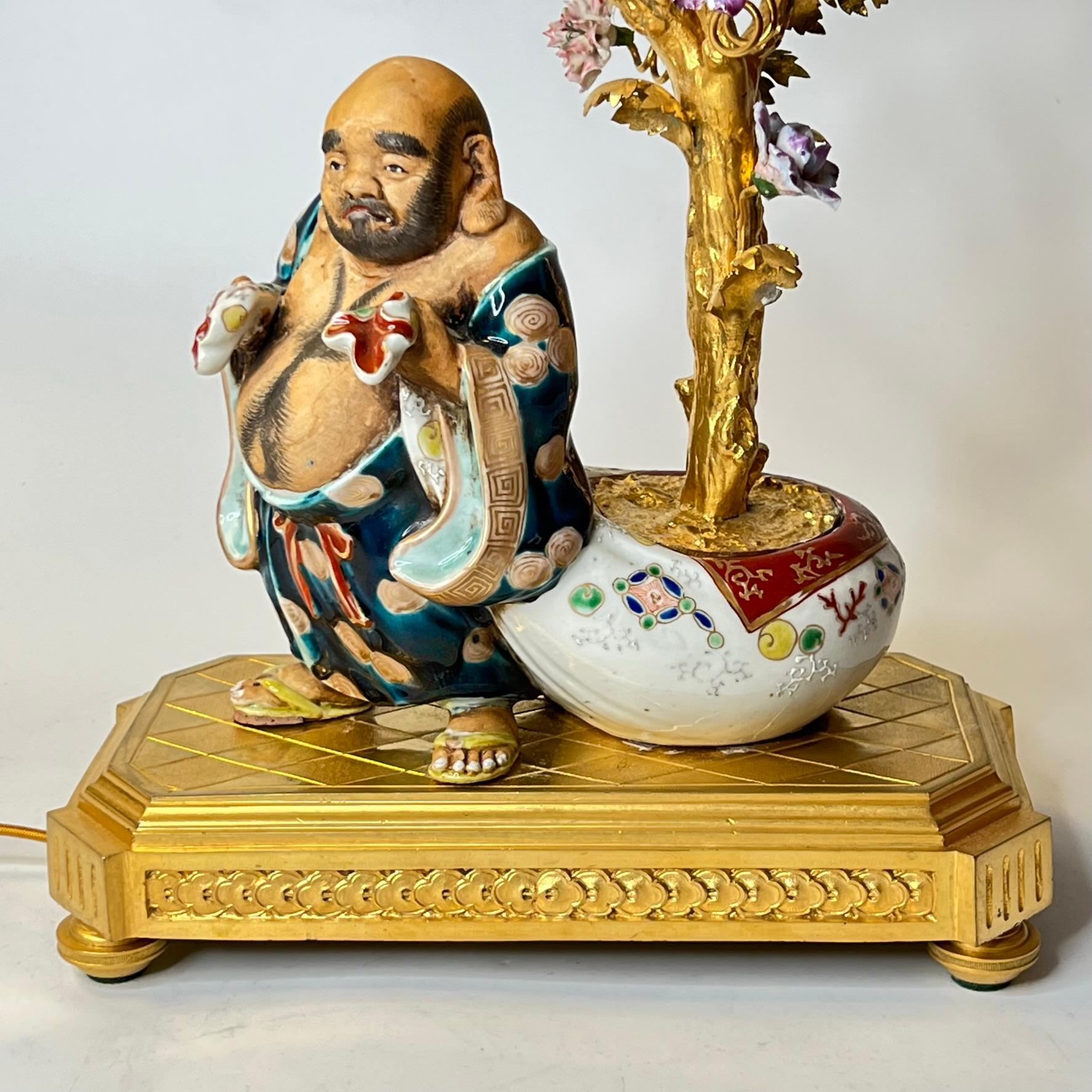 French Chinoiserie Porcelain and Gilt Bronze Table Lamp Depicting Budai Laughing Buddha