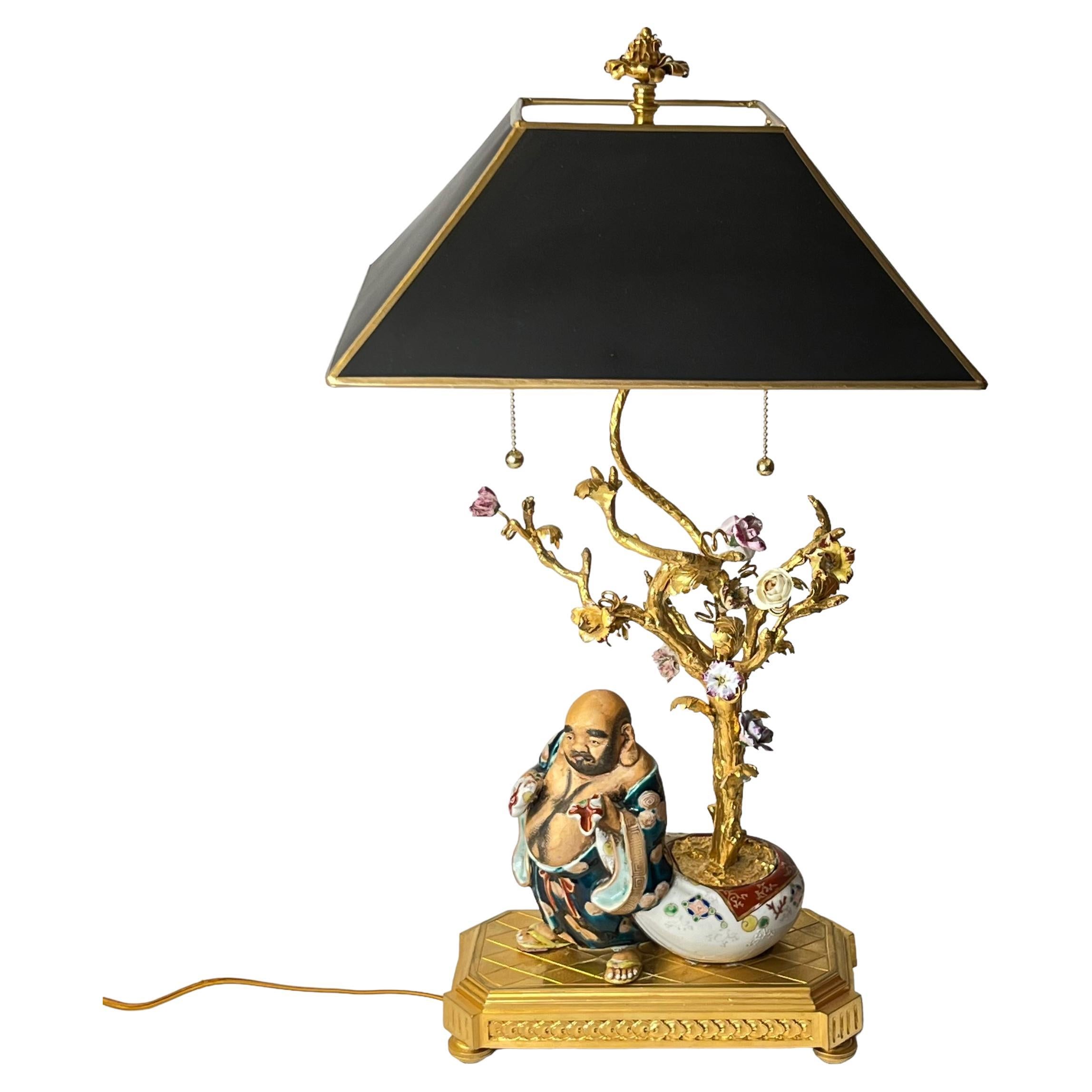 Chinoiserie Porcelain and Gilt Bronze Table Lamp Depicting Budai Laughing Buddha