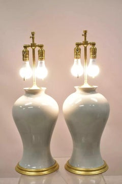 Chinoiserie Porcelain Celadon Green Glazed Ceramic Temple Jar Table Lamps - Pair
