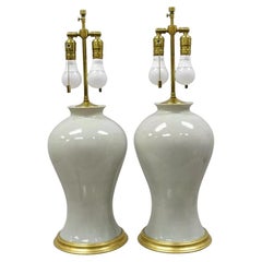 Chinoiserie Porcelain Celadon Green Glazed Ceramic Temple Jar Table Lamps - Pair