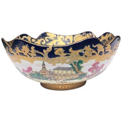 Chinoiserie Porcelain Gilt Hunt Bowl Signed circa 1770 Famille Rose and Blue