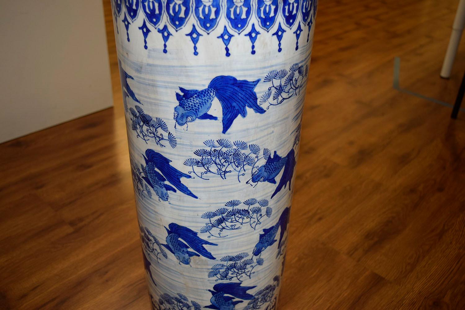 Chinese Export Chinoiserie Porcelain Umbrella Stand with Koi Fish Design