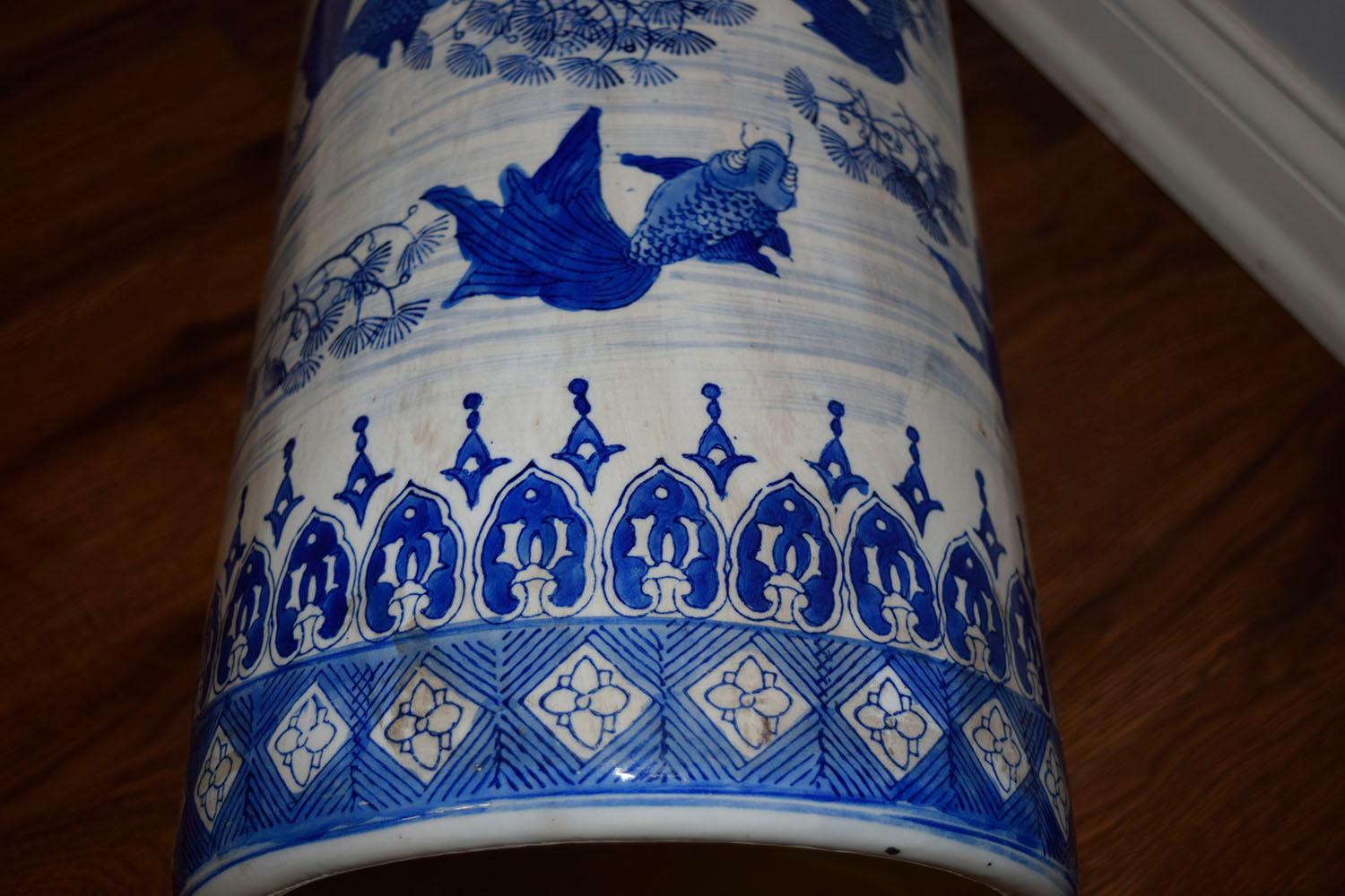 Asian Chinoiserie Porcelain Umbrella Stand with Koi Fish Design