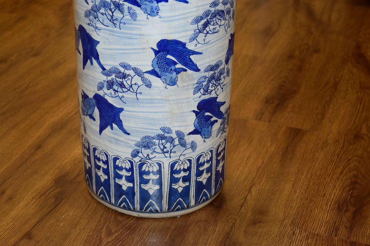 Hand-Painted Chinoiserie Porcelain Umbrella Stand with Koi Fish Design