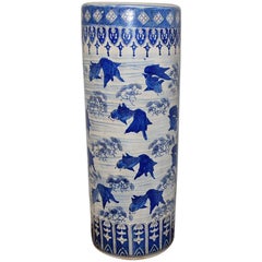 Vintage Chinoiserie Porcelain Umbrella Stand with Koi Fish Design