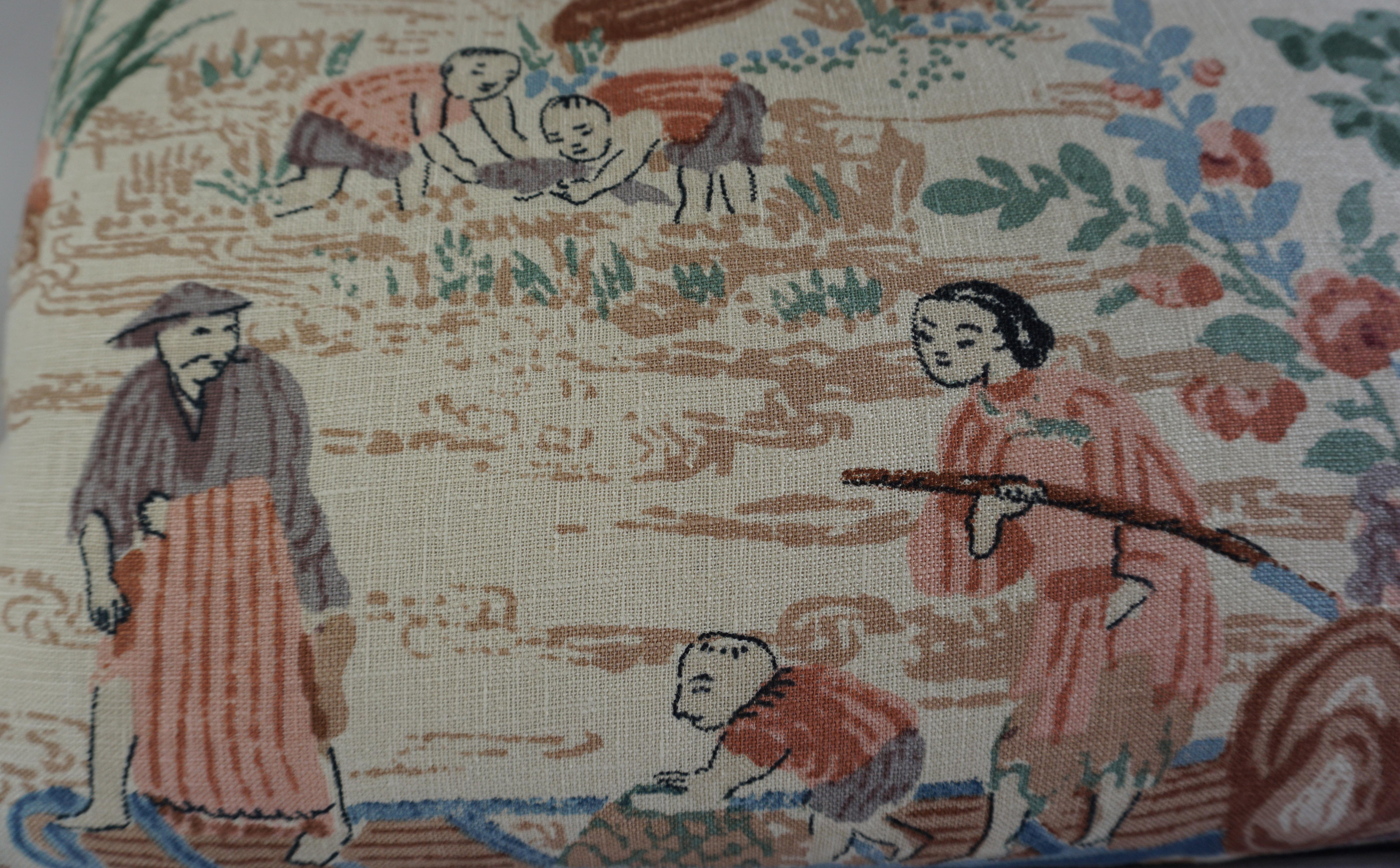 American Chinoiserie Printed Linen Pillows, a Pair