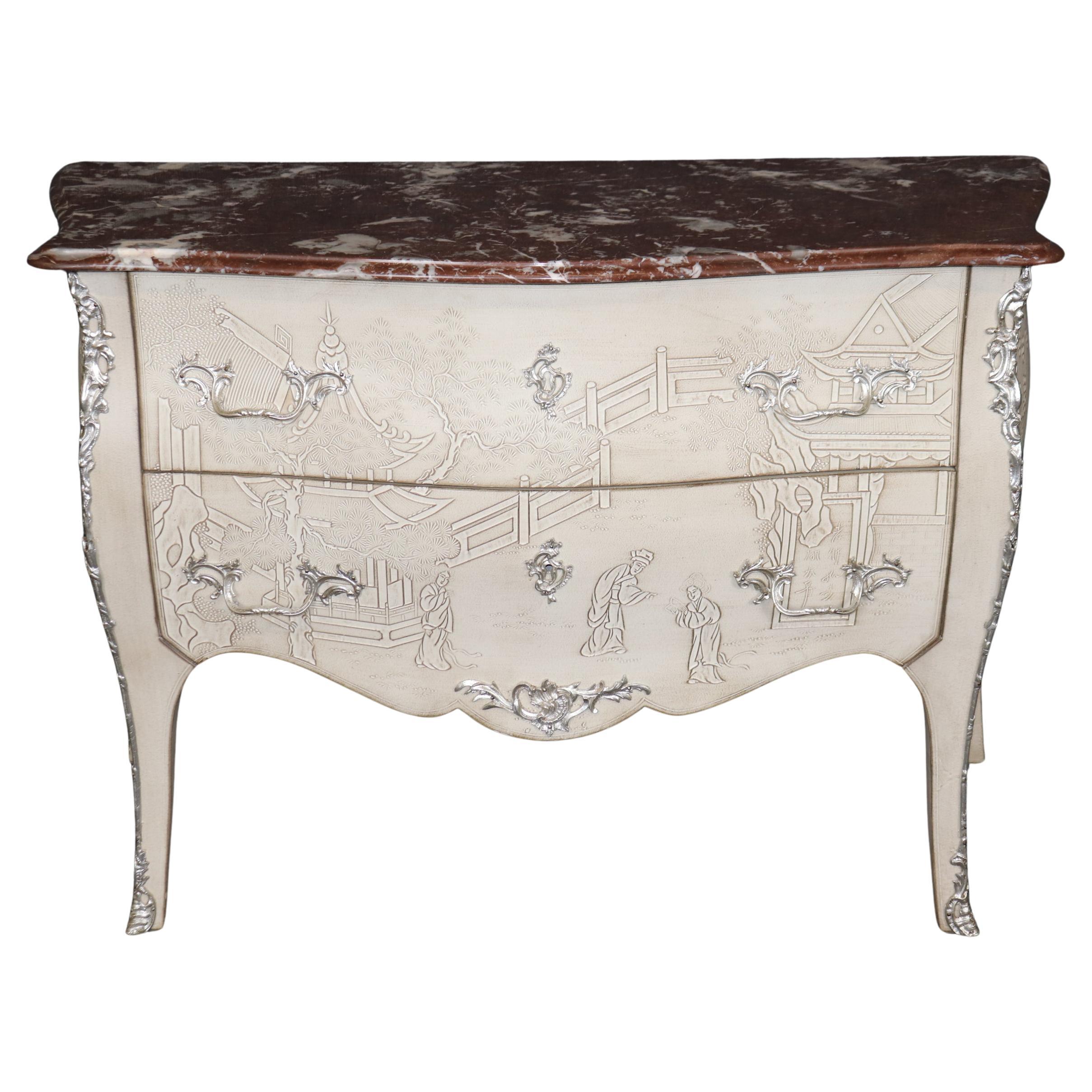 Chinoiserie Raised Paint Decorated and Rouge Marble Louis XV Style Commode