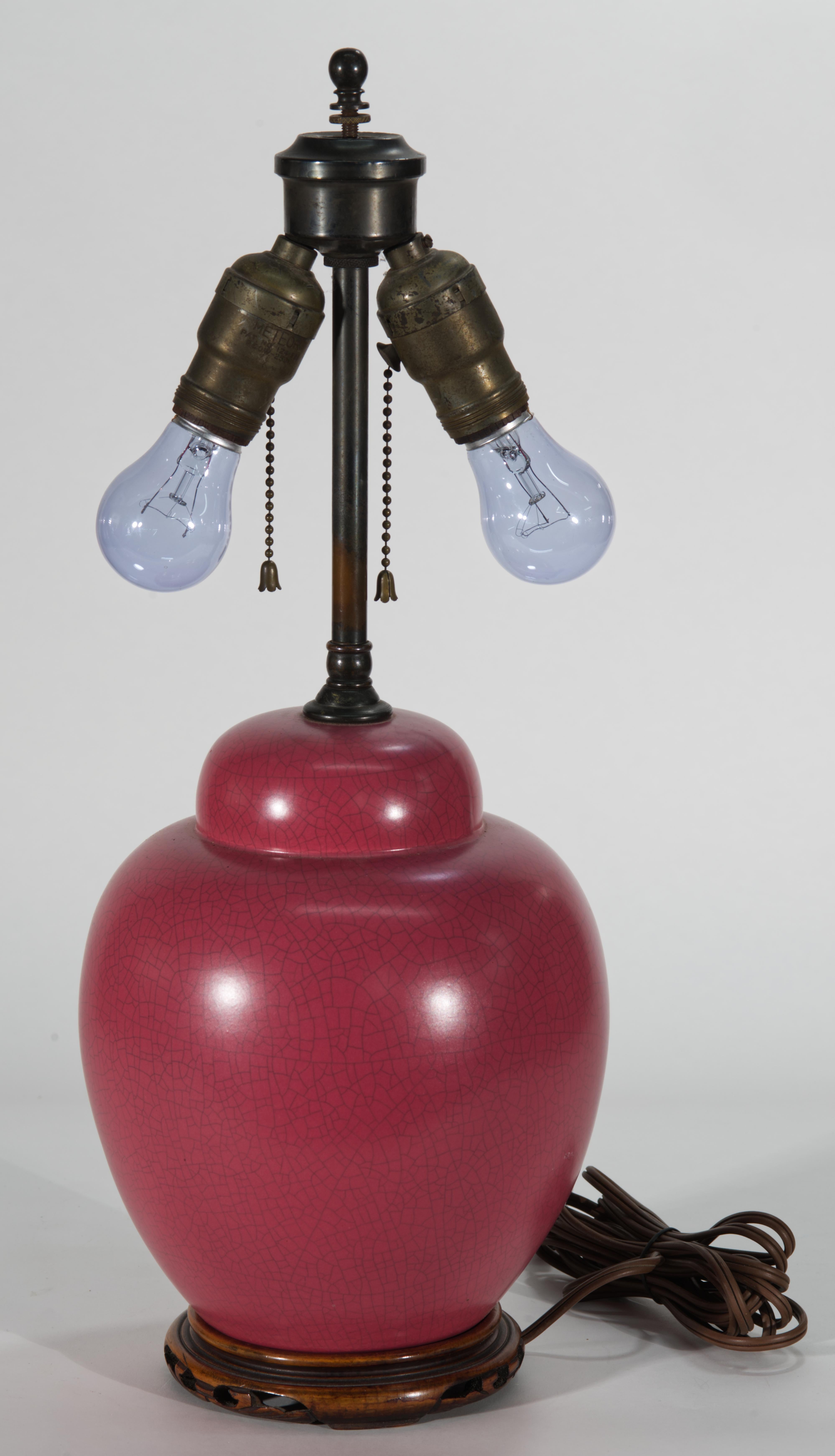 Chinoiserie Raspberry Red Ginger Jar Urn Table Lamp on Carved Wood Base For Sale 5