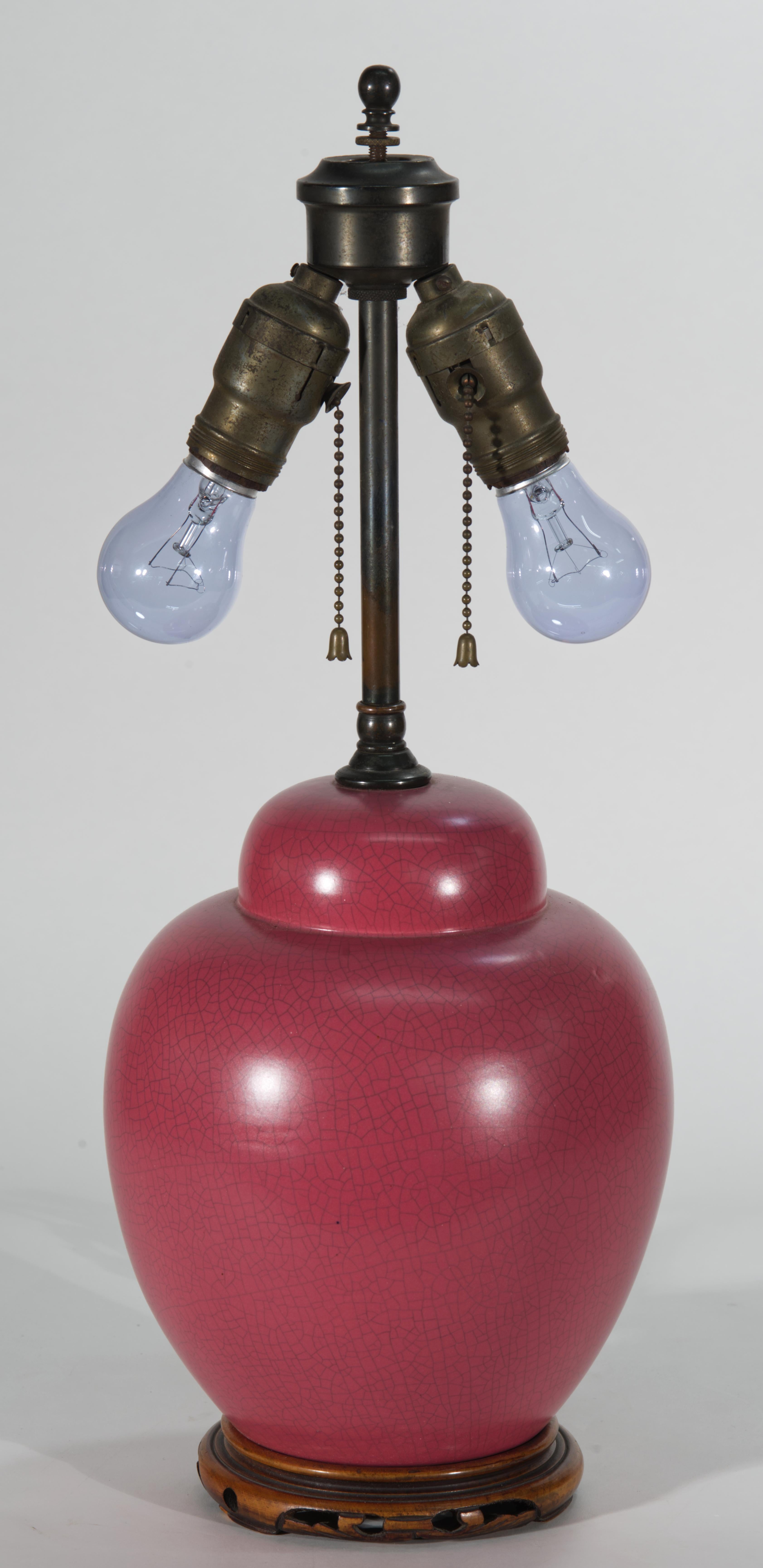 Chinoiserie Raspberry Red Ginger Jar Urn Table Lamp on Carved Wood Base For Sale 6