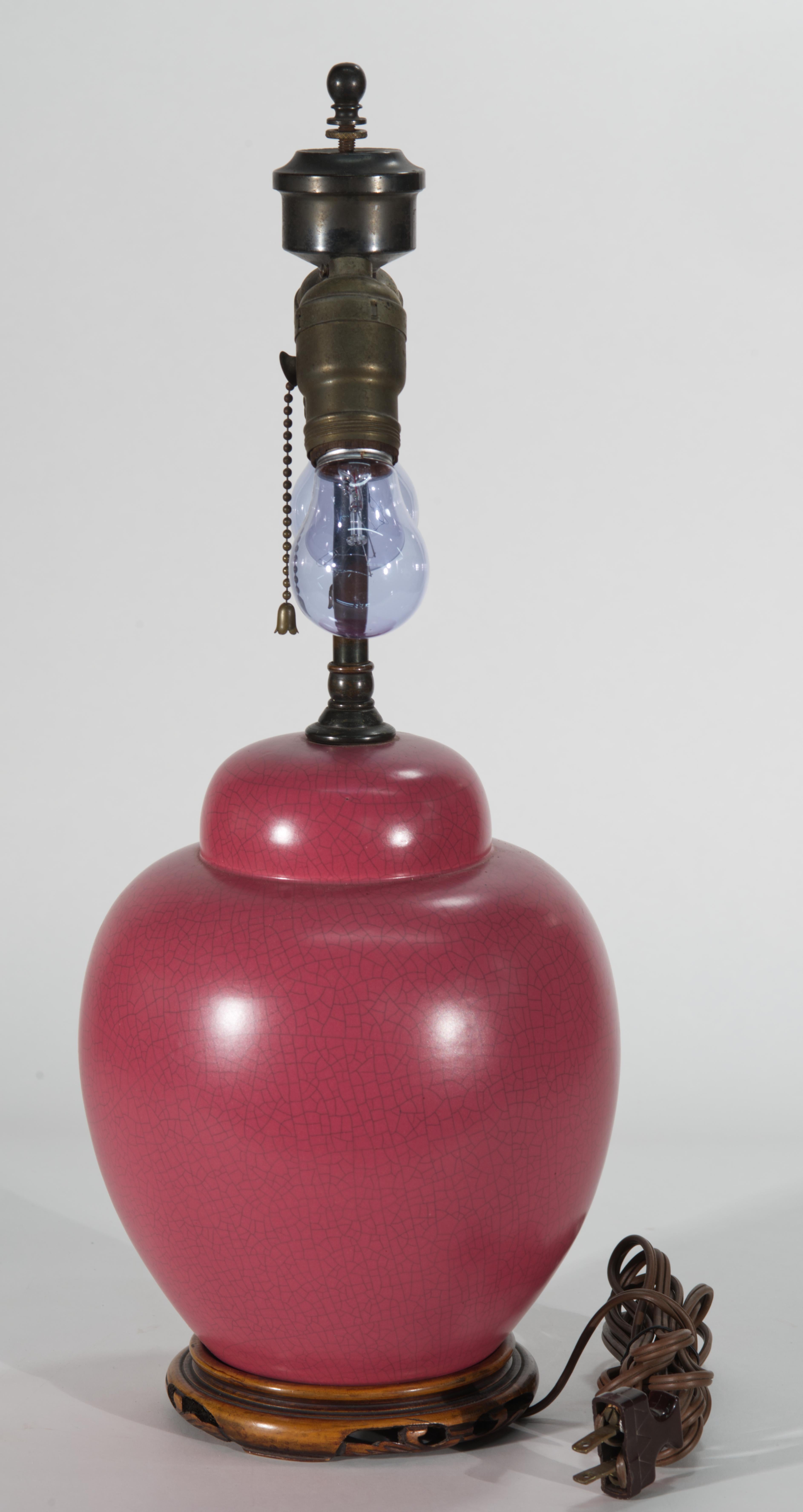 Japanese Chinoiserie Raspberry Red Ginger Jar Urn Table Lamp on Carved Wood Base For Sale