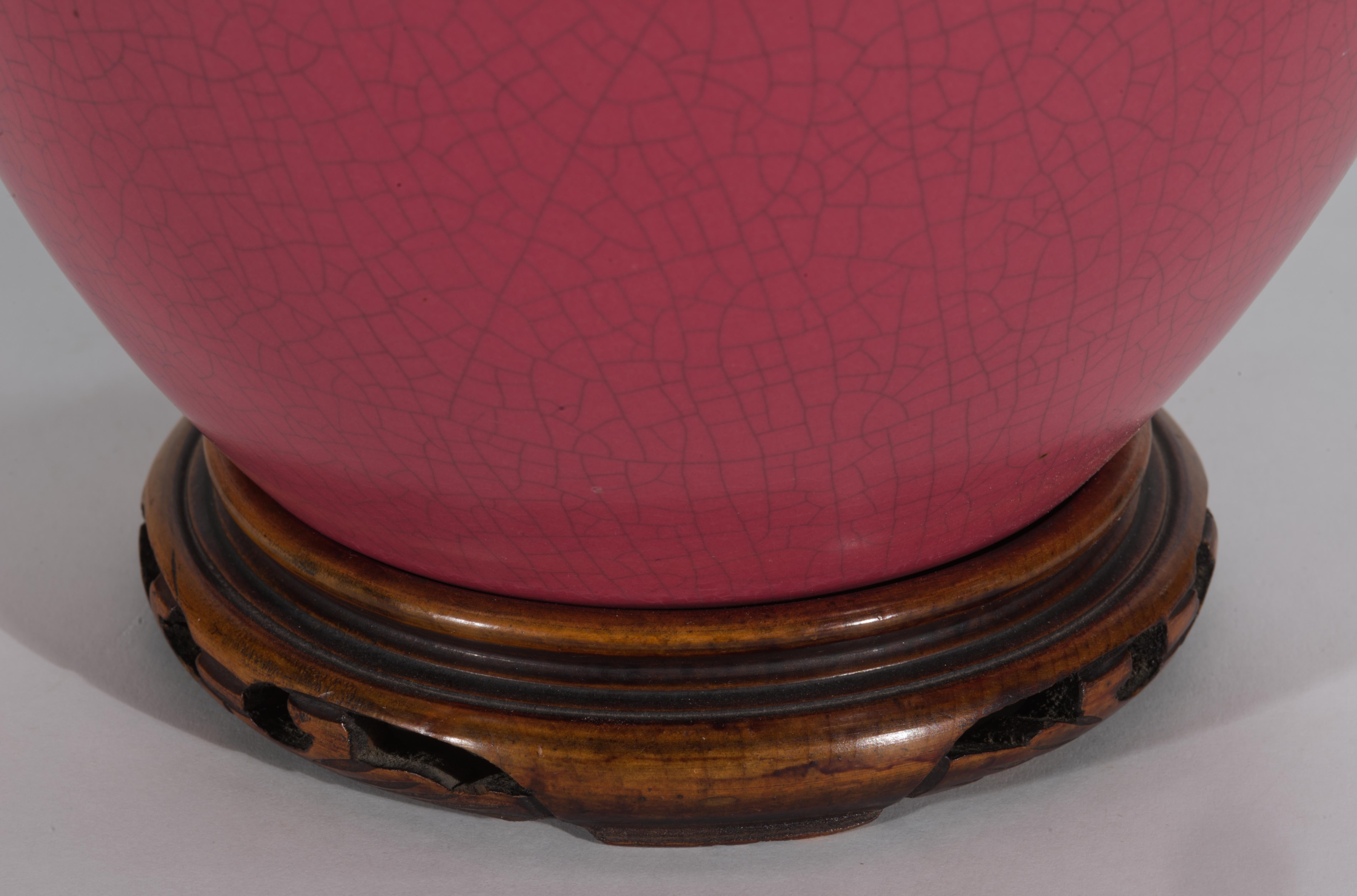Glazed Chinoiserie Raspberry Red Ginger Jar Urn Table Lamp on Carved Wood Base For Sale