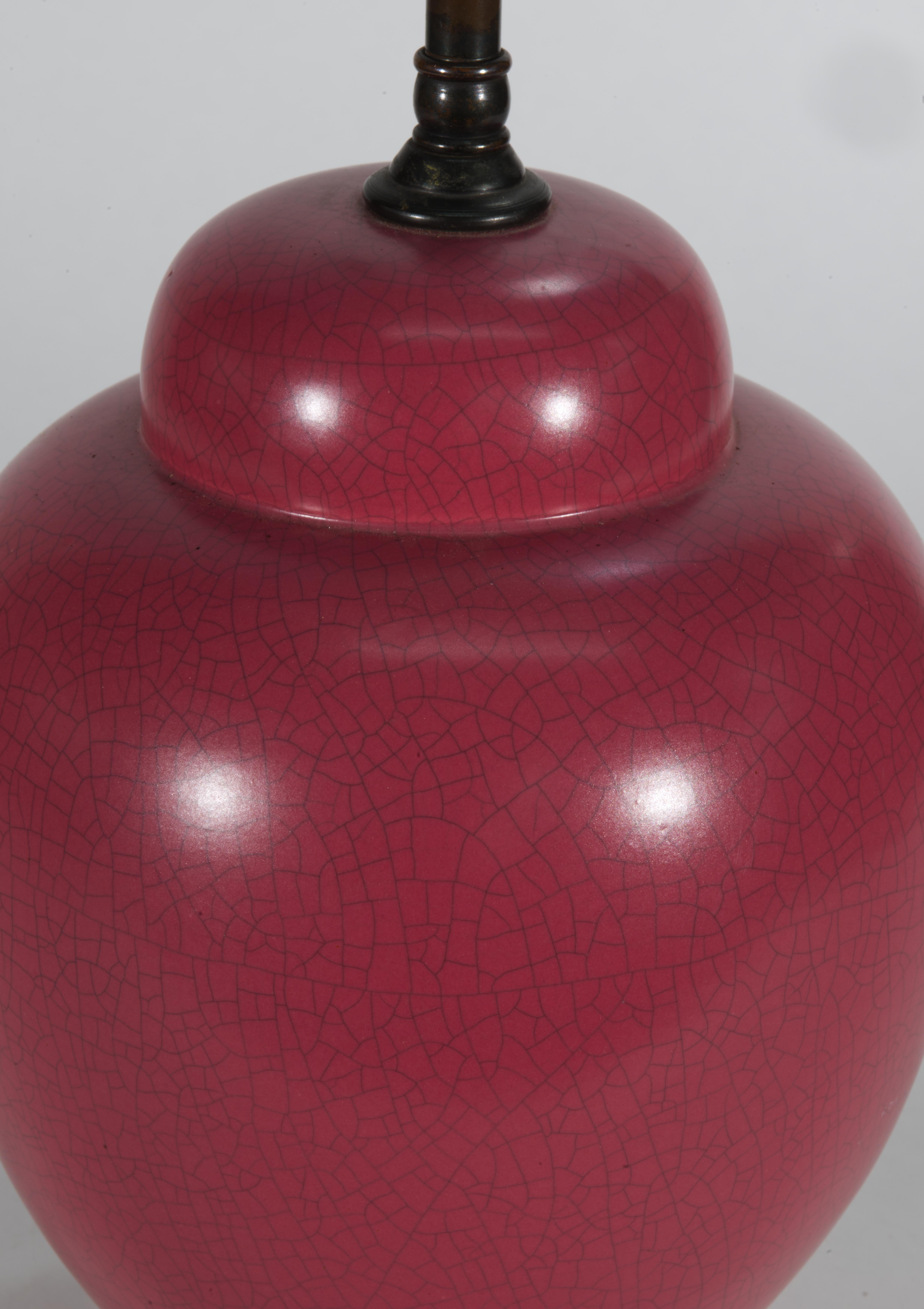 20th Century Chinoiserie Raspberry Red Ginger Jar Urn Table Lamp on Carved Wood Base For Sale