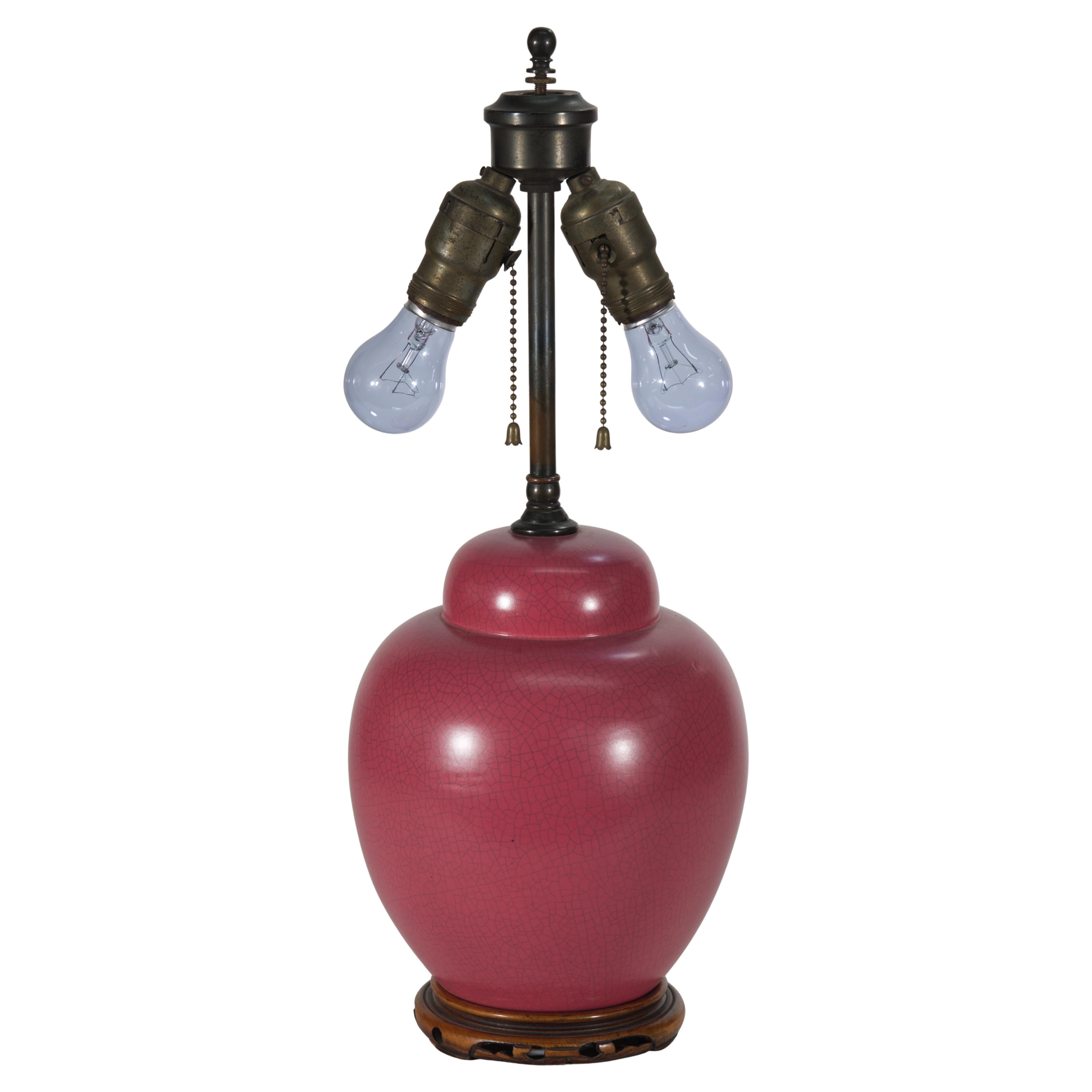 Chinoiserie Raspberry Red Ginger Jar Urn Table Lamp on Carved Wood Base For Sale