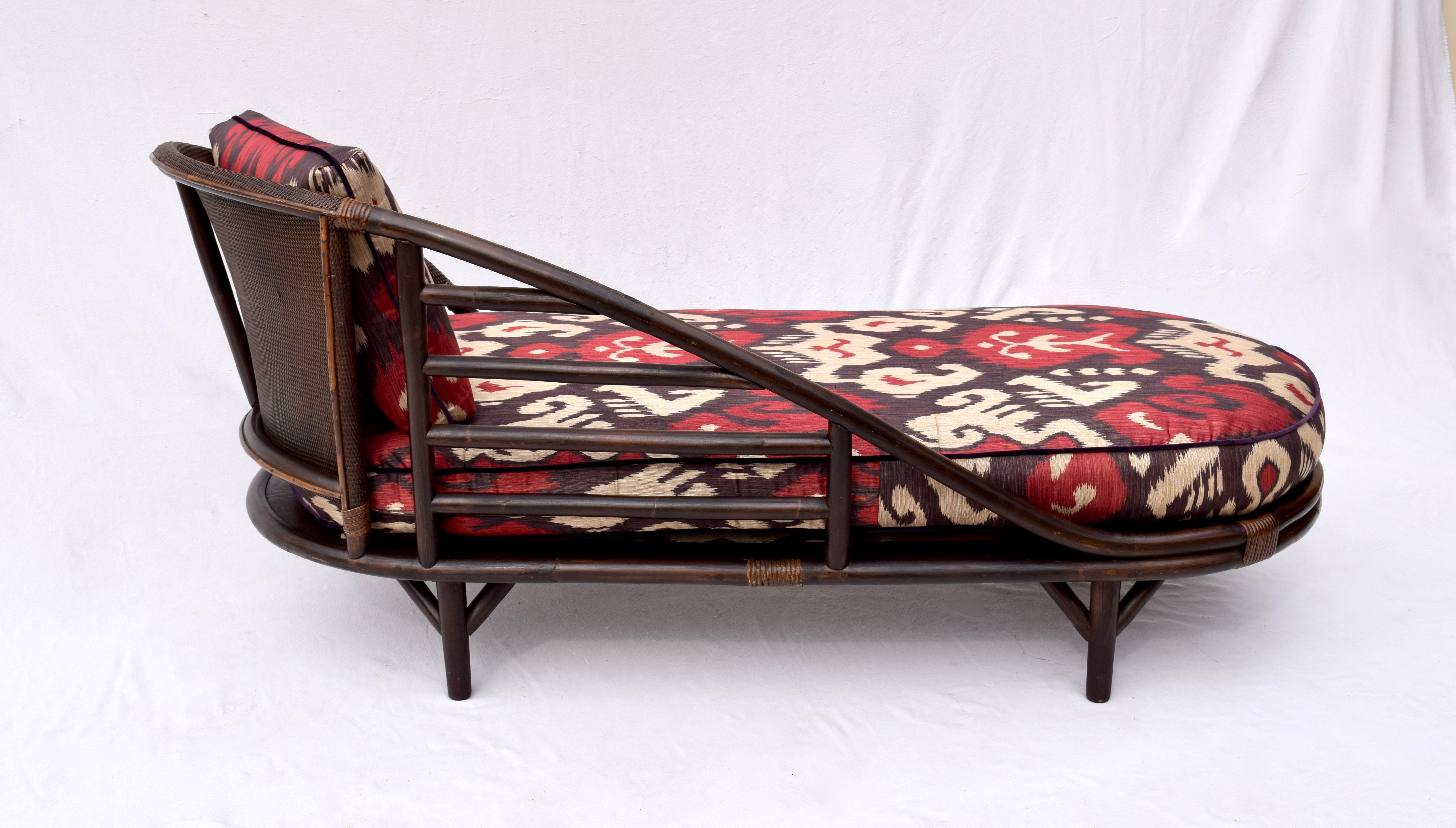 Chinoiserie Rattan Grasscloth Chaise Lounge in Ikat 5