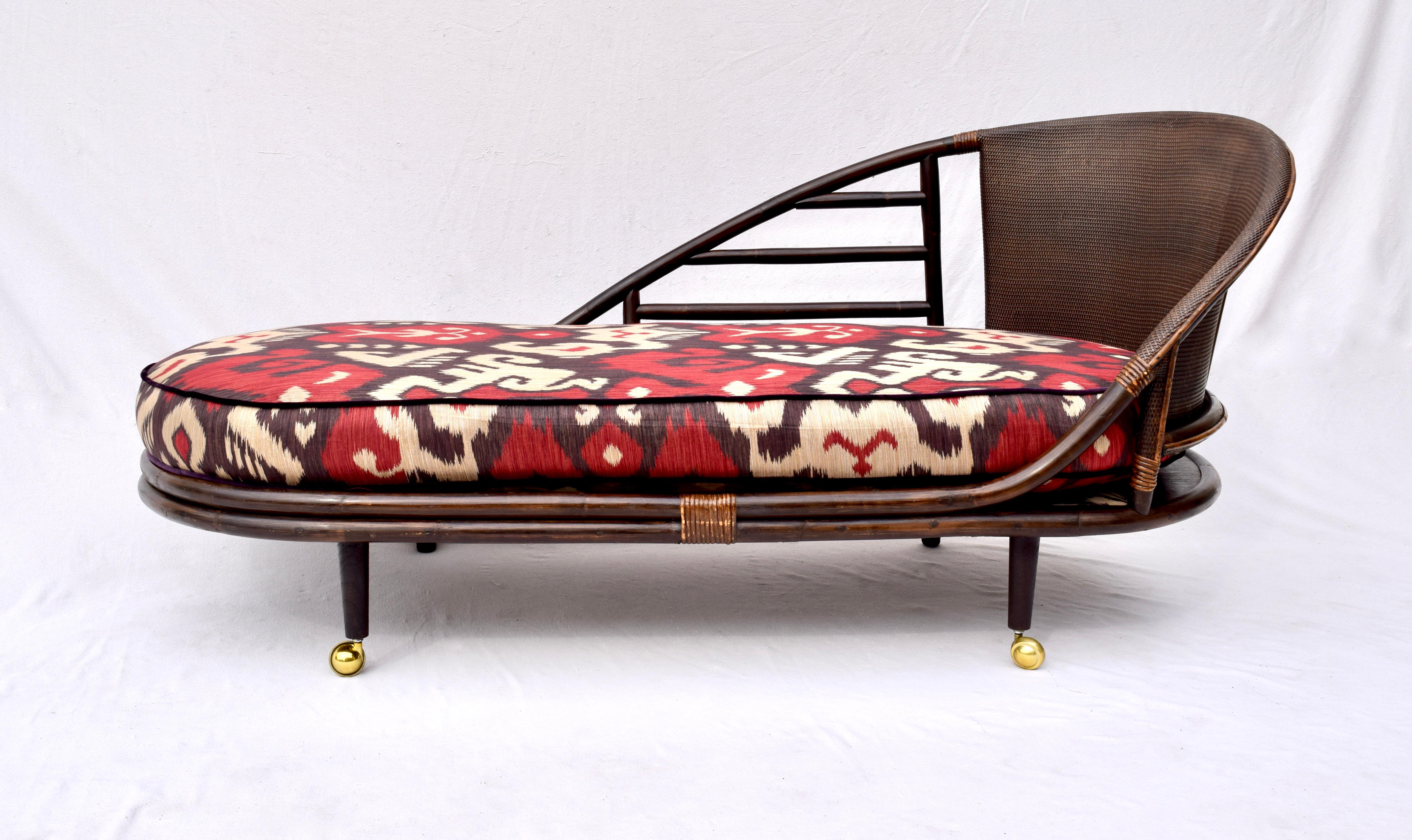 American Chinoiserie Rattan Grasscloth Chaise Lounge in Ikat