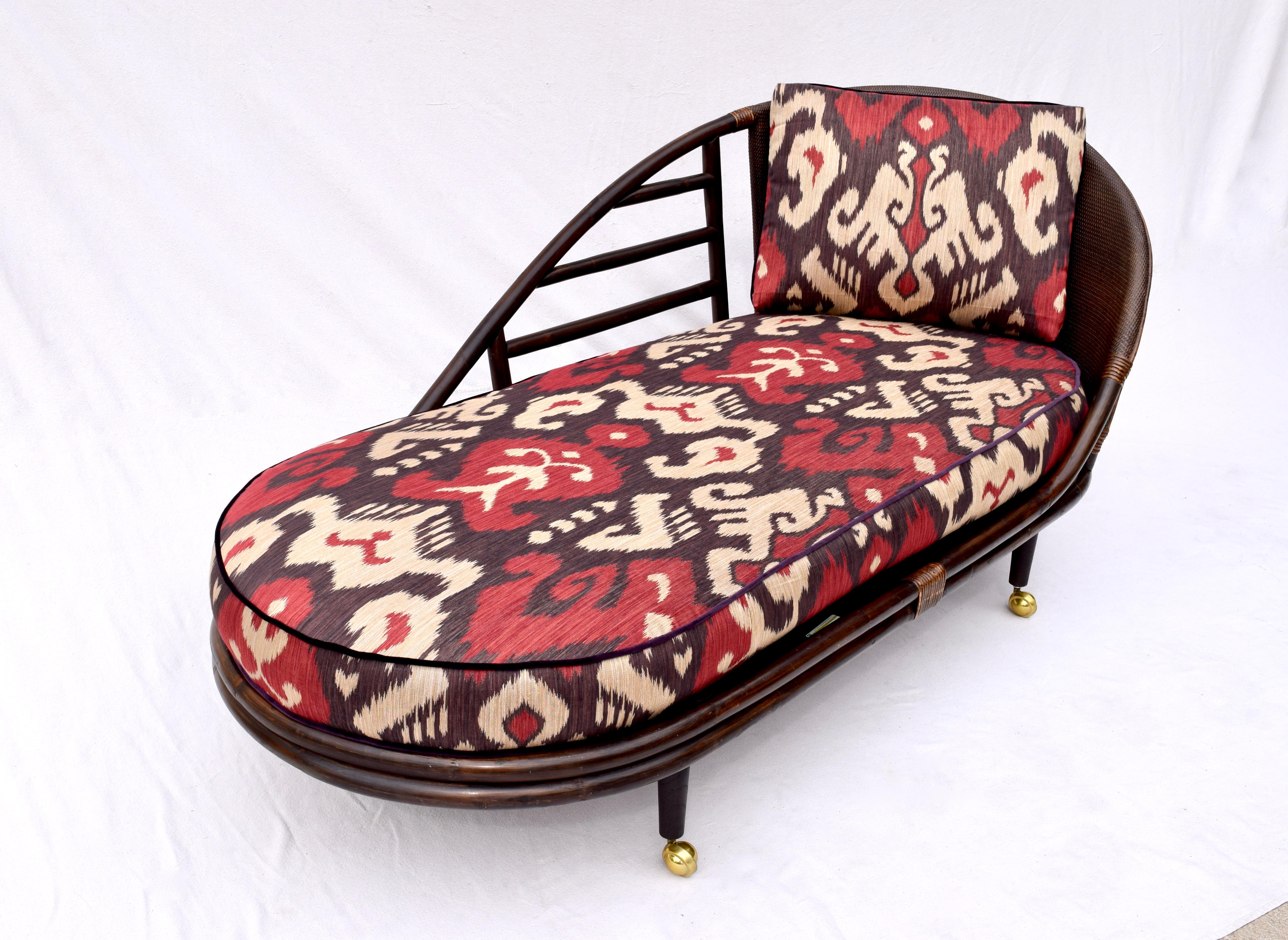 Chinoiserie Rattan Grasscloth Chaise Lounge in Ikat 1