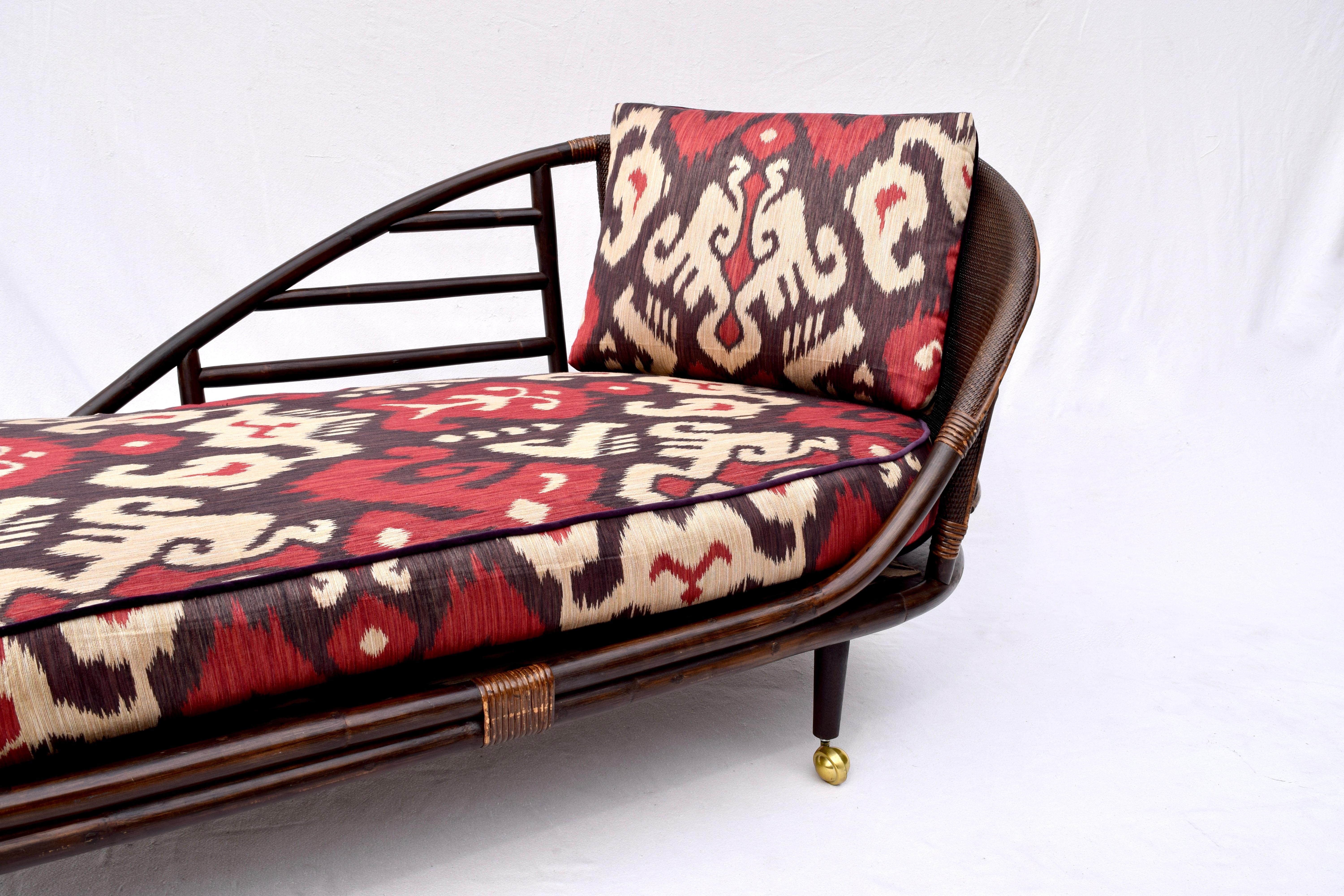 Chinoiserie Rattan Grasscloth Chaise Lounge in Ikat 2
