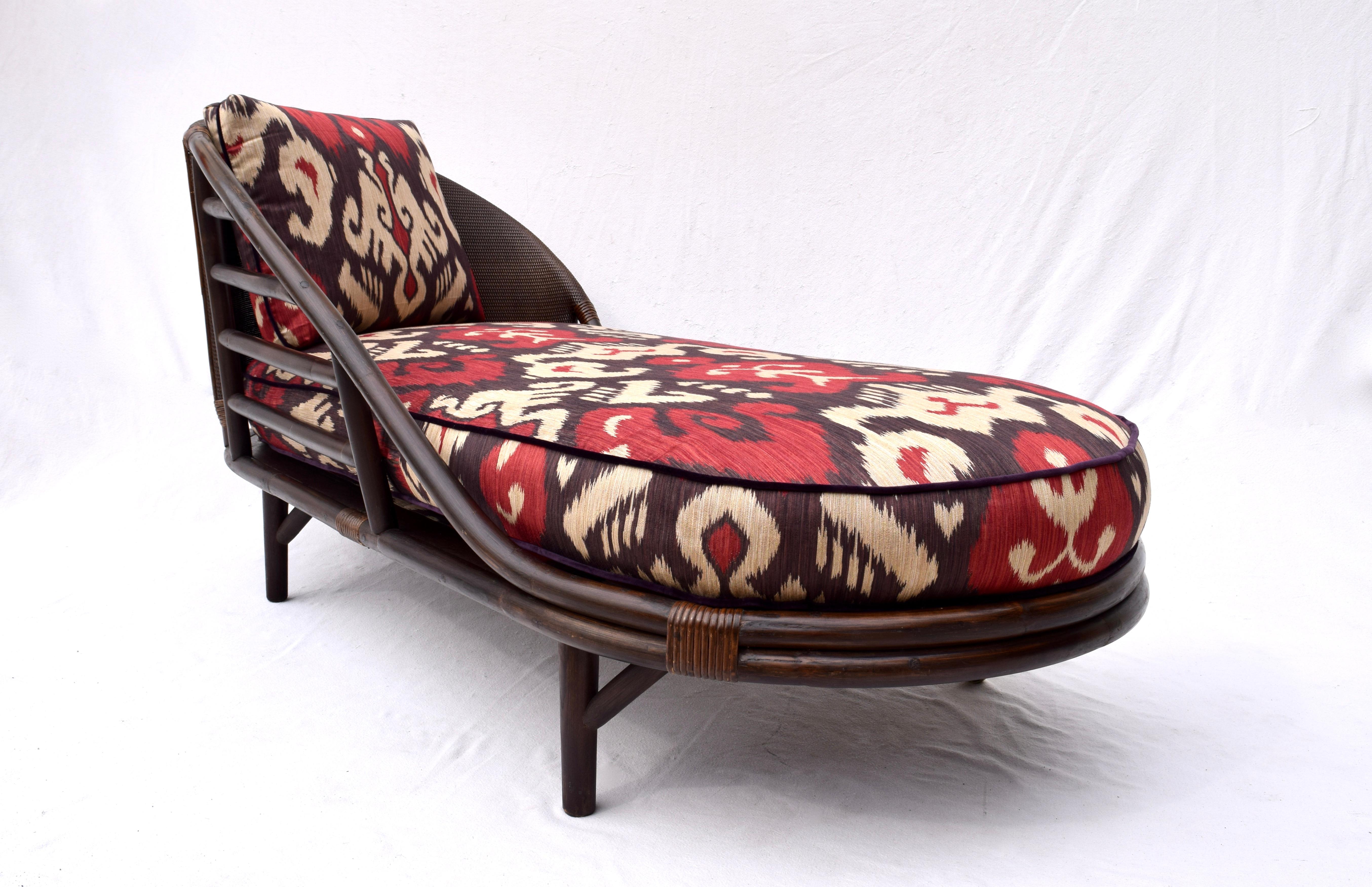 Chinoiserie Rattan Grasscloth Chaise Lounge in Ikat 4