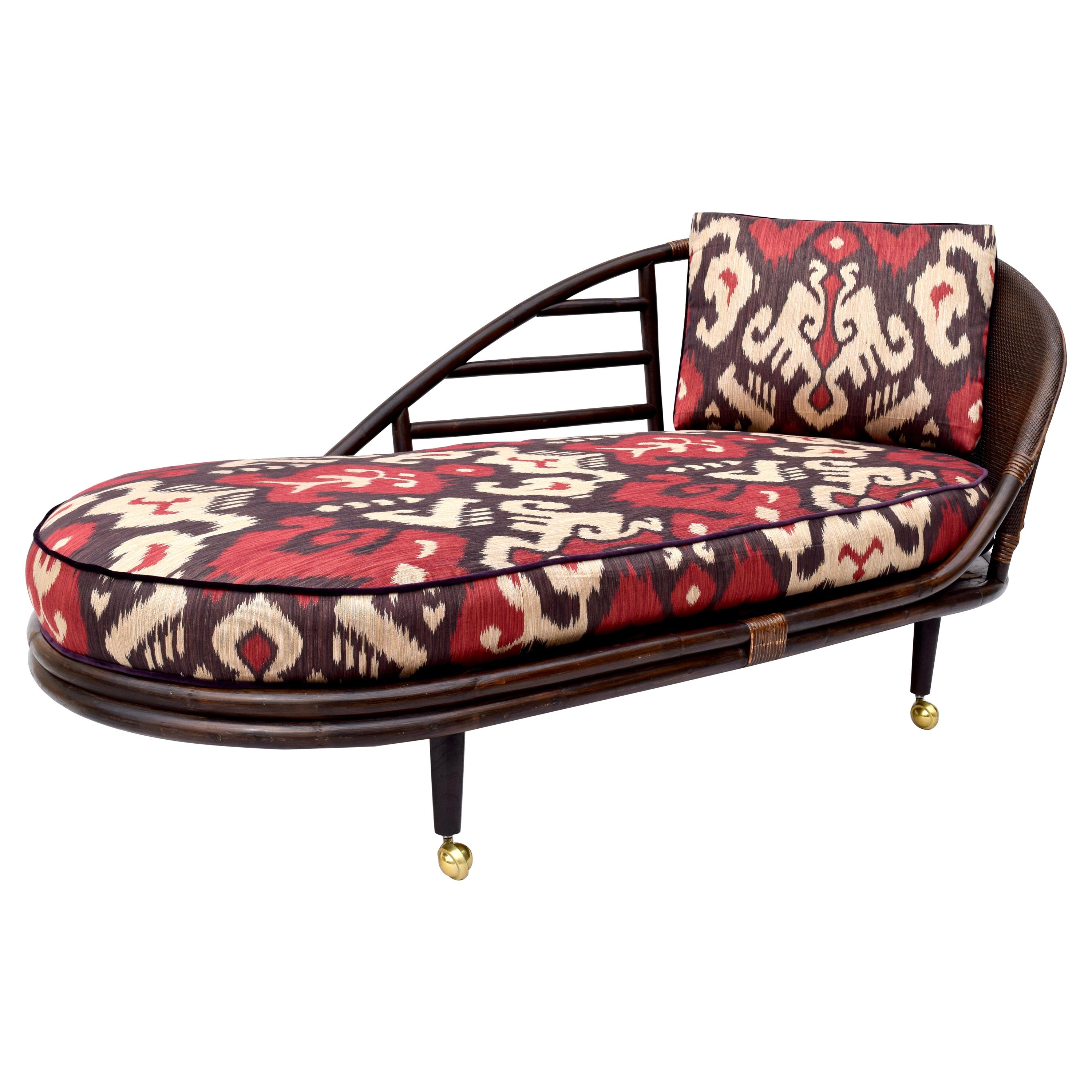 Chinoiserie Rattan Grasscloth Chaise Lounge in Ikat