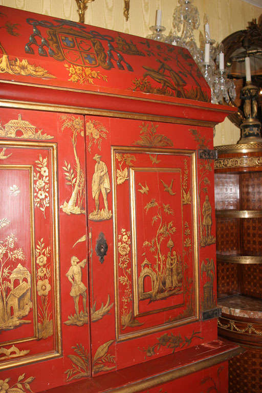 French Chinoiserie Red and Gilt Painted Tall Bookcase For Sale