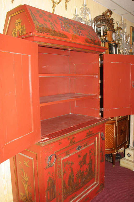 Hand-Painted Chinoiserie Red and Gilt Painted Tall Bookcase For Sale