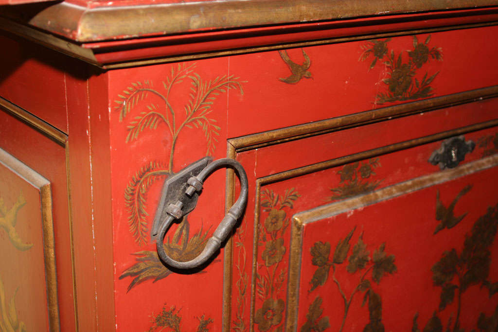 Chinoiserie Red and Gilt Painted Tall Bookcase In Fair Condition For Sale In New York, NY