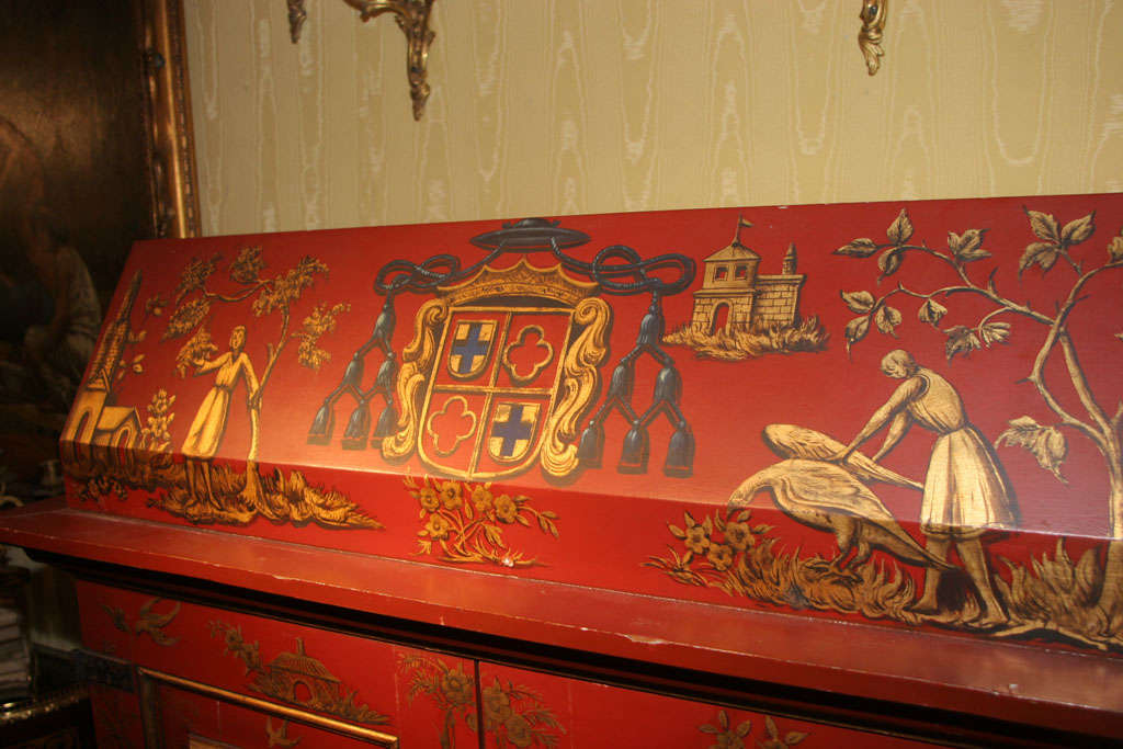 20th Century Chinoiserie Red and Gilt Painted Tall Bookcase For Sale